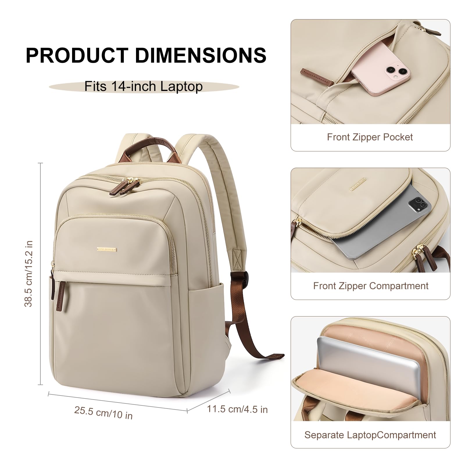 Stylish Women's Laptop Backpack for Travel, Work & Commute - Casual Daypack with Purse Design, Fits 14 Inch Notebook (Apricot) - Perfect for Office, School & Daily Use