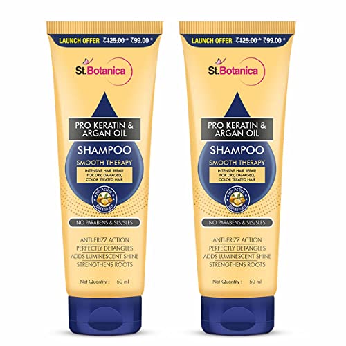 St.Botanica Pro Keratin & Argan Oil Smooth Therapy Shampoo 50ml (Pack of 2) - Cruelty Free, Vegan & Paraben Free - Hydrating & Frizz Control for Dry, Damaged Hair - Perfect for Daily Use & Salon-Like Results at Home