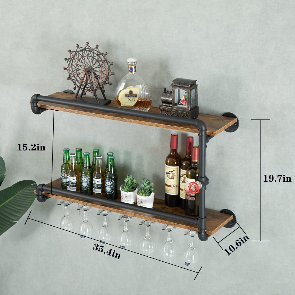 2-Tier Wall Mounted Wine Rack with Glass Holder - Industrial Rustic Pipe Floating Bar Shelf for Kitchen, Dining Room & Home Decor (35.4x10.6x19.7in, Black) - Perfect for Farmhouse Style, Small Spaces & Entertaining Guests