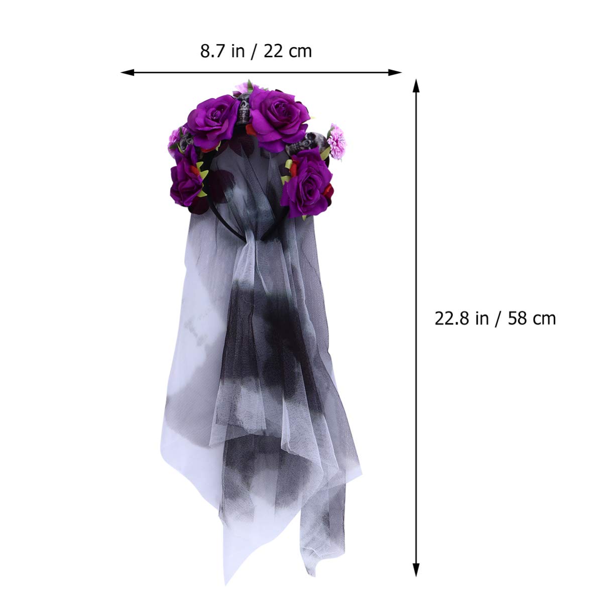 Beaupretty Day of The Dead Floral Rose Headband with Veil & Skull Decor - Gothic Halloween Hair Accessory for Women, Bridal Shower, Costume Parties & Dia de Los Muertos Celebrations