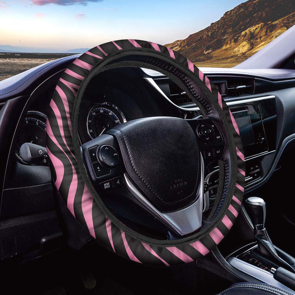 Pink Zebra Print Stretch Steering Wheel Cover - 15 Inch Universal Fit, Non-Slip Grip, Heat Resistant Car Accessory for Women & Teens - Perfect for Summer Driving, Road Trips & Daily Commutes