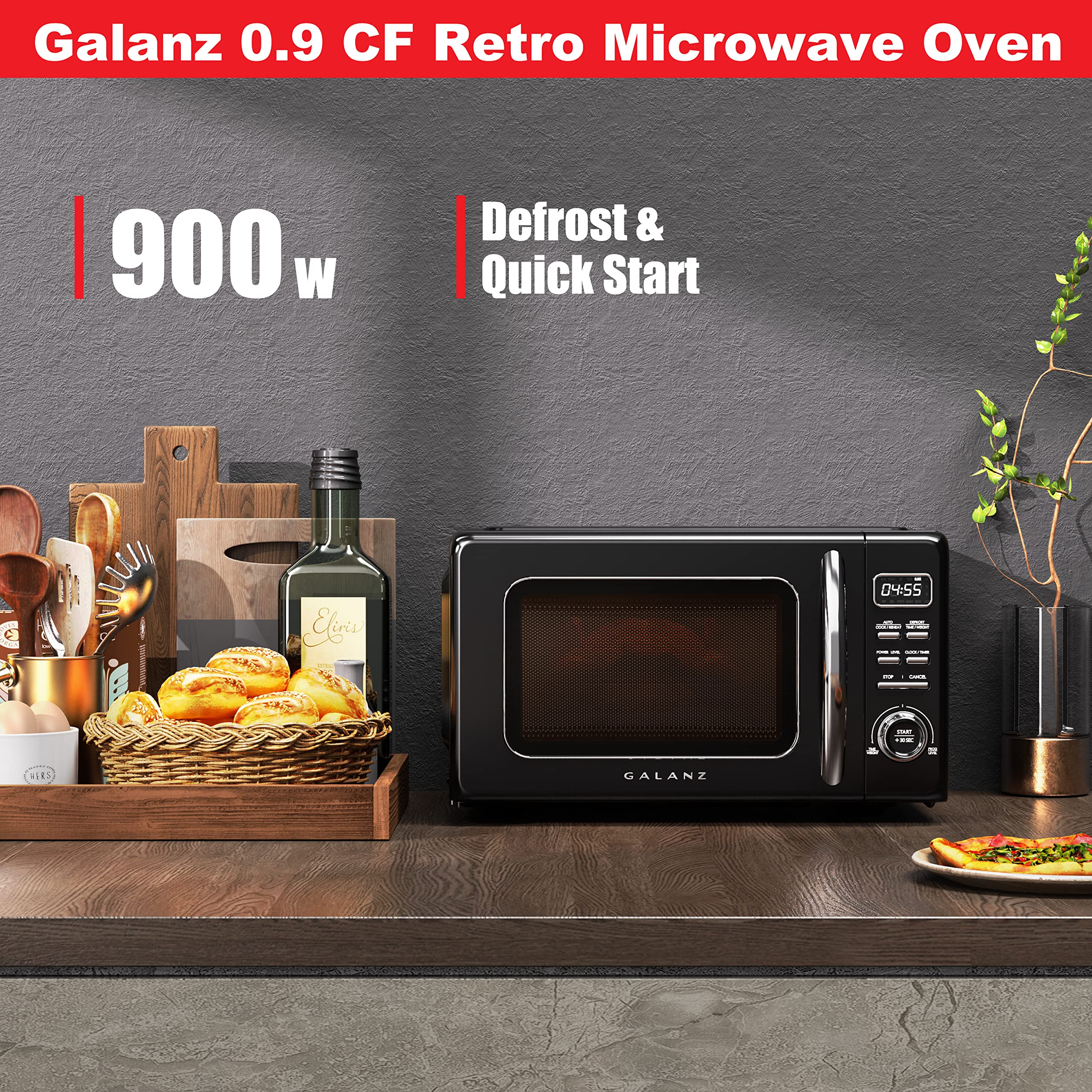 **Galanz GLCMKZ09BKR09 0.9 cu ft Retro Black Countertop Microwave Oven – Auto Cook, Reheat, Defrost & Quick Start – Easy Clean Glass Turntable & Pull Handle – Perfect for Dorms, Apartments & Small Kitchens**