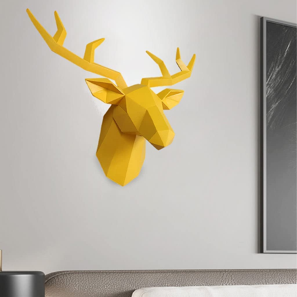 3D Deer Head Wall Mount Sculpture - Realistic Elk Antler Decor for Living Room, Office, Gallery - Yellow - Perfect for Rustic, Farmhouse & Hunting Lodge Decor