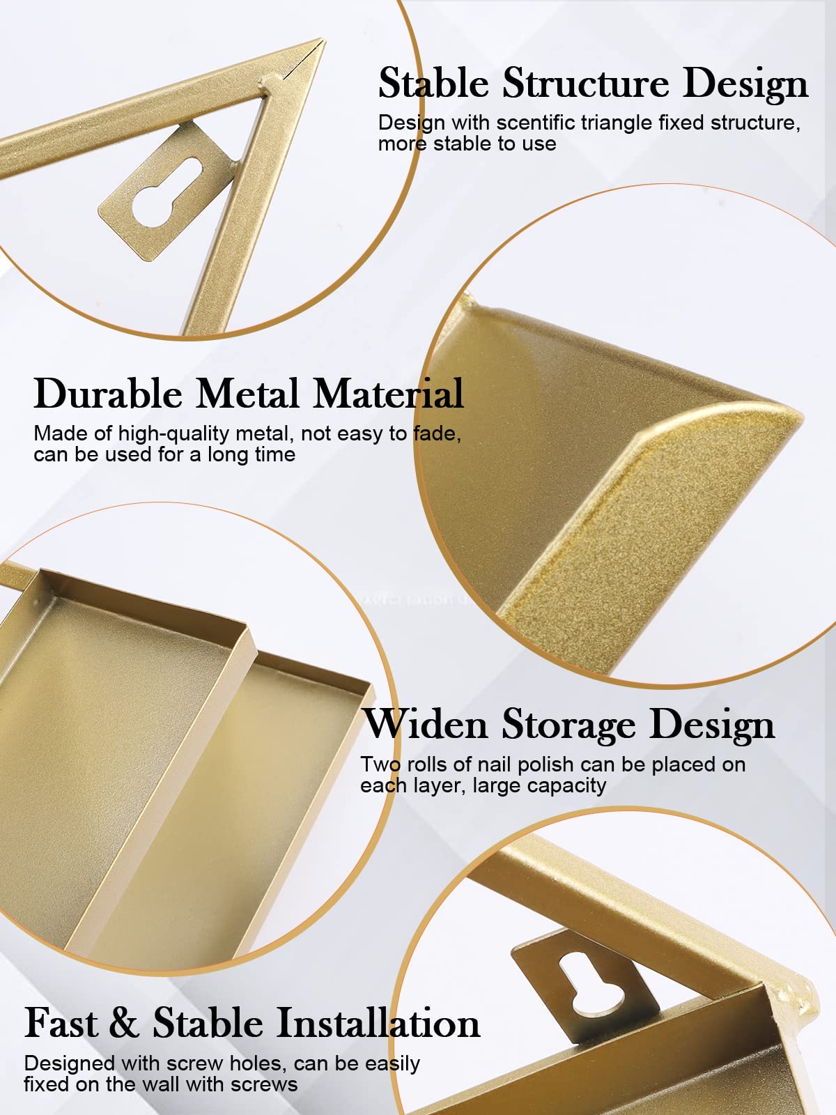 10PCS Gold Metal Wall-Mounted Nail Polish Organizer - 5 Tier Triangular Cosmetic Display Shelf for Lipstick, Perfume & Beauty Products | Space-Saving Storage Solution for Home, Spa, Nail Salon & Retail Shop Display