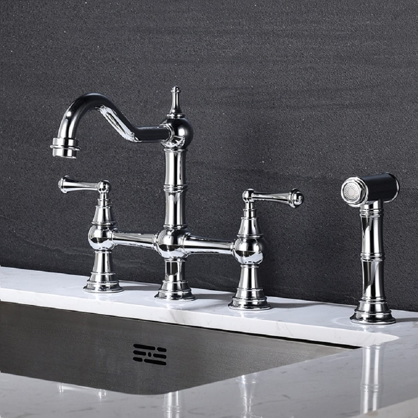 Modern Bridge Kitchen Sink Faucet with Pull-Out Spray - Solid Brass Double Handle Rotary Nozzle for Easy Cleaning | Perfect for Farmhouse, RV & Commercial Use