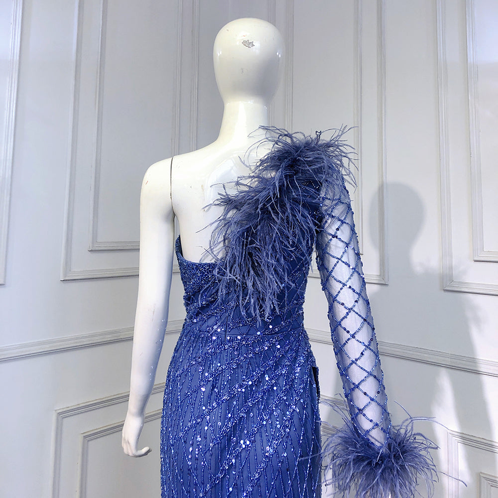 Elegant Blue One Shoulder Mermaid Evening Dress with Beaded Feather Details - Luxury Women's Formal Gown for Prom, Wedding & Special Occasions | Serene Hill Collection 2025