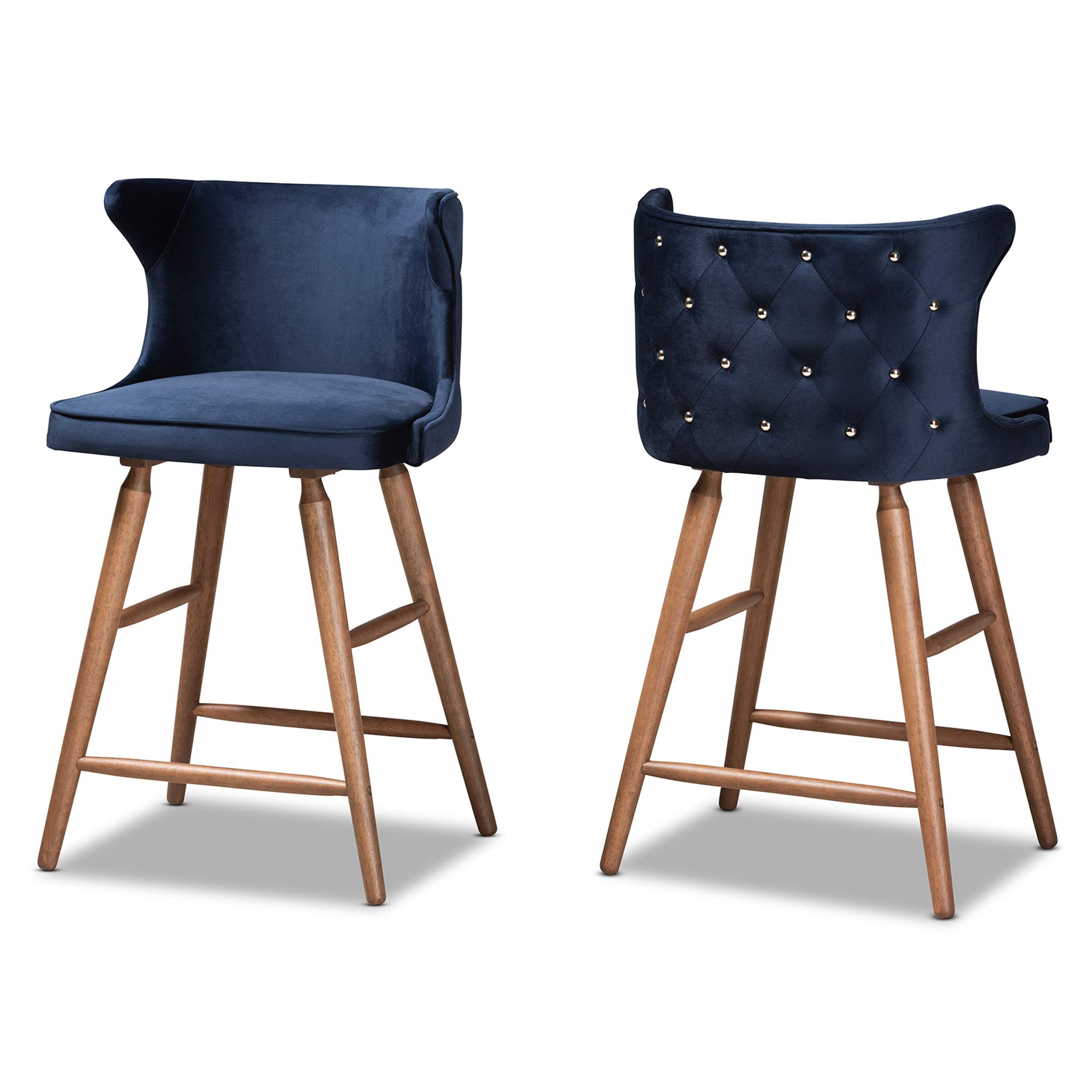 Baxton Studio Sagira Modern Navy Blue Velvet Counter Stools Set of 2 - Transitional Walnut Brown Wood Bar Stools for Kitchen Island, Breakfast Nook & Home Decor