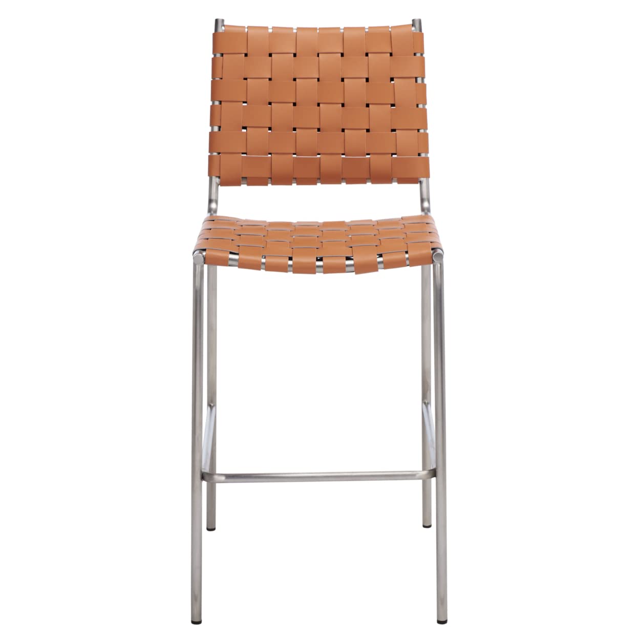 SAFAVIEH Bahari 26-inch Woven Leather Counter Stool with Silver Frame - Fully Assembled Kitchen Island & Breakfast Nook Stool for Dining & Bar Counter Use