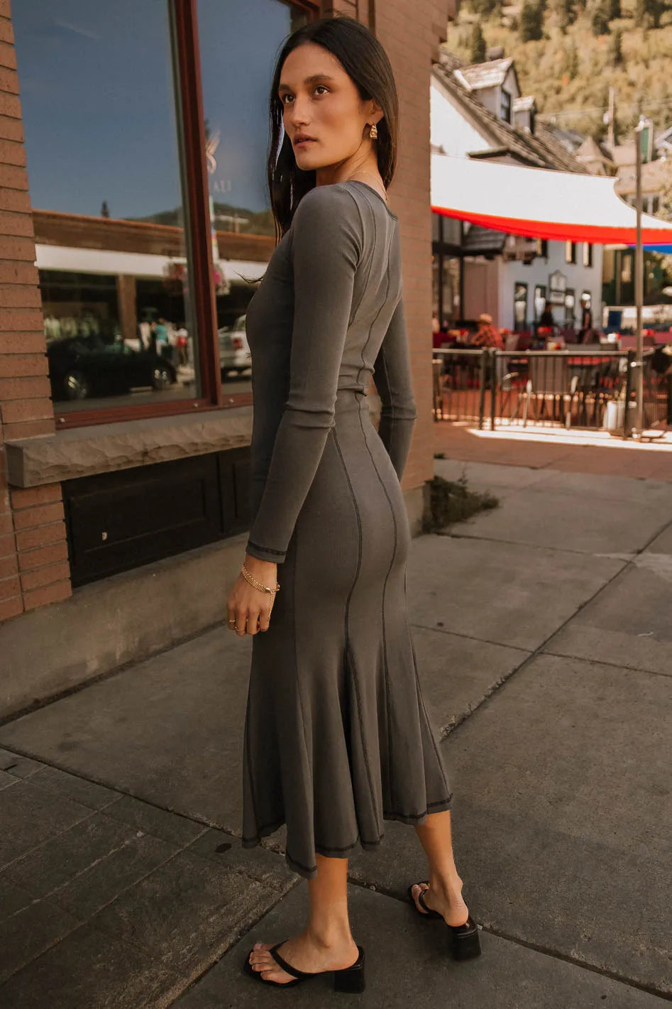 Fiona Ribbed Godet Dress in Charcoal - Elegant Bodycon Midi Dress for Women | Perfect for Cocktail Parties, Date Nights & Special Occasions