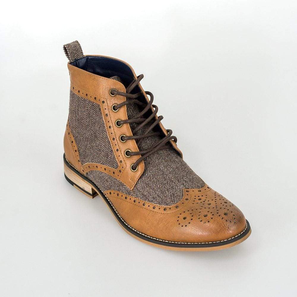 Cavani Sherlock Tan Men's Leather Tweed Boots - Premium Waterproof Winter Boots for Men, Fashionable Outdoor Hiking & Casual Wear