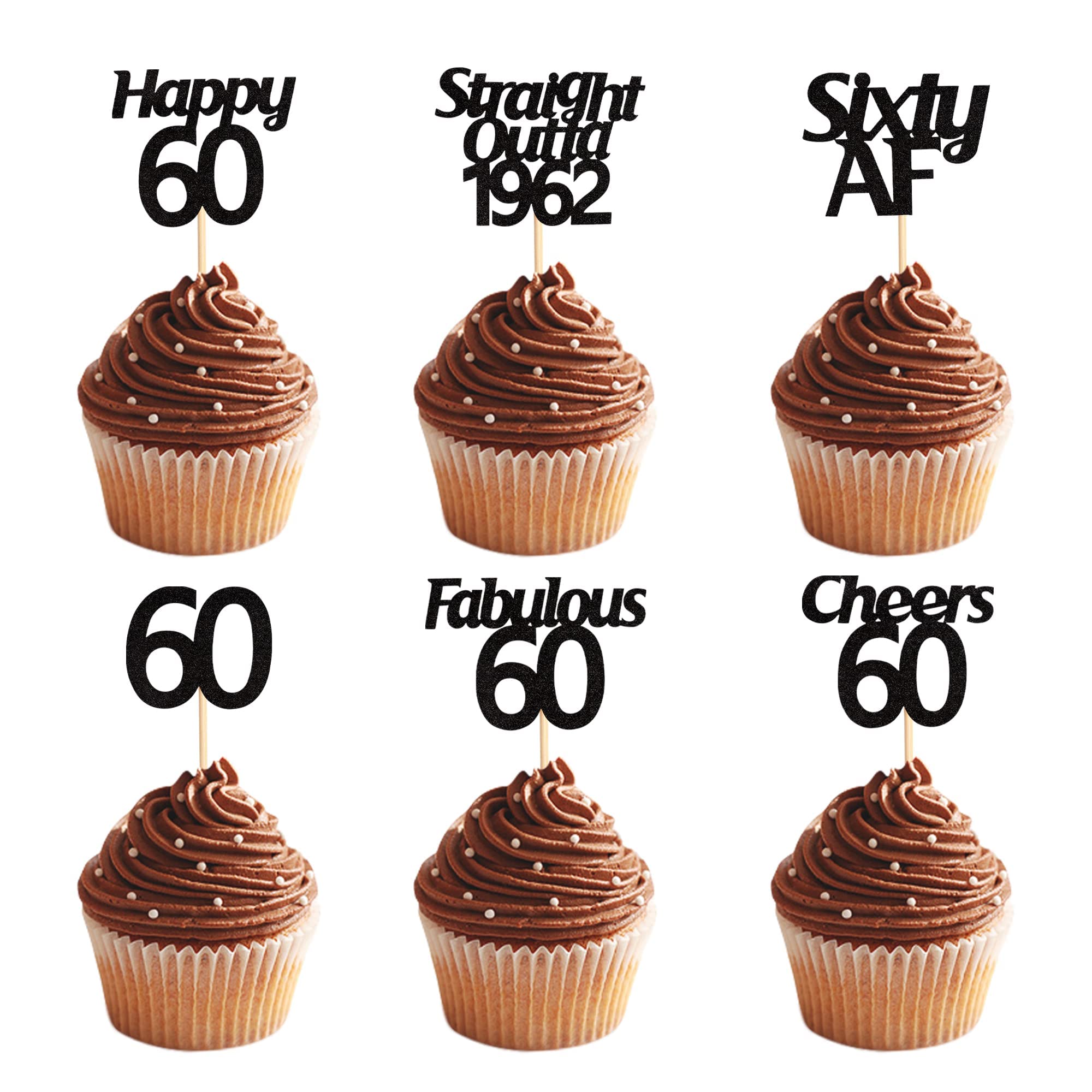 48Pcs 60th Birthday Cupcake Toppers - Happy 60, Fabulous 60, Cheers 60 Cupcake Picks for Sixty Years Old Cake Decorations (Black Glitter) - Perfect for Milestone Birthday Parties, Retirement Celebrations & Anniversary Cakes