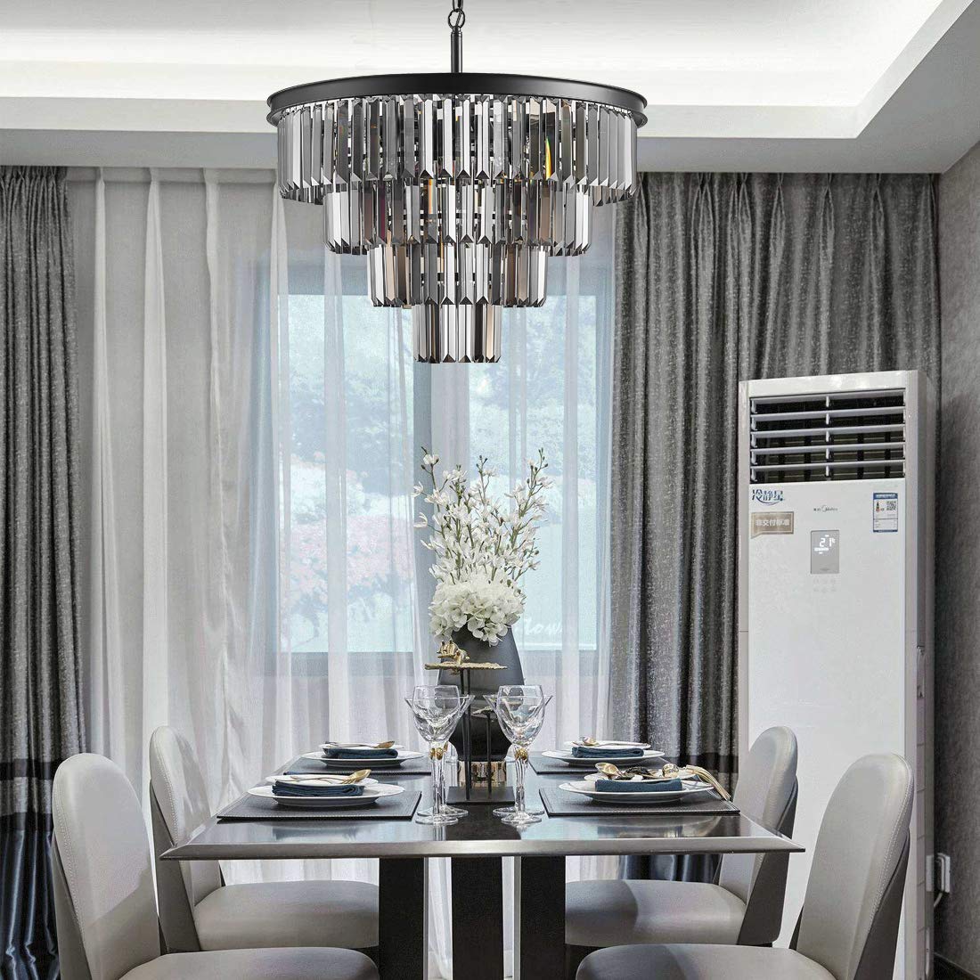 Luxury Black Smoke Crystal Chandelier - 4-Tier Modern Pendant Ceiling Light Fixture for Dining Room, Living Room, Bedroom & Girls Room (23.6