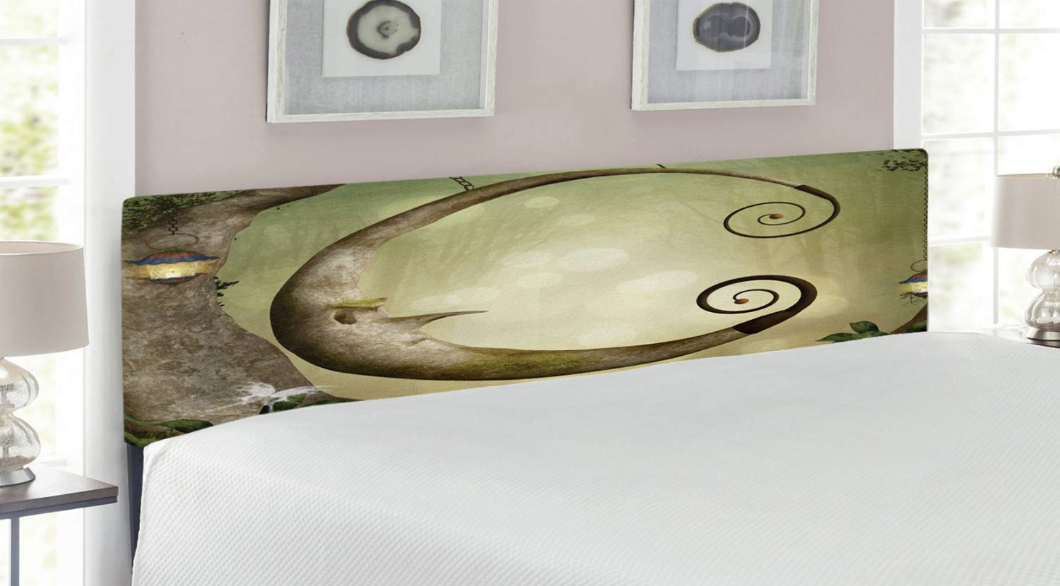 Ambesonne King Size Upholstered Metal Bed Headboard with Memory Foam - Green Brown Tree Design Featuring Wooden Crescent Illustration | Perfect for Bohemian & Nature-Inspired Bedroom Decor