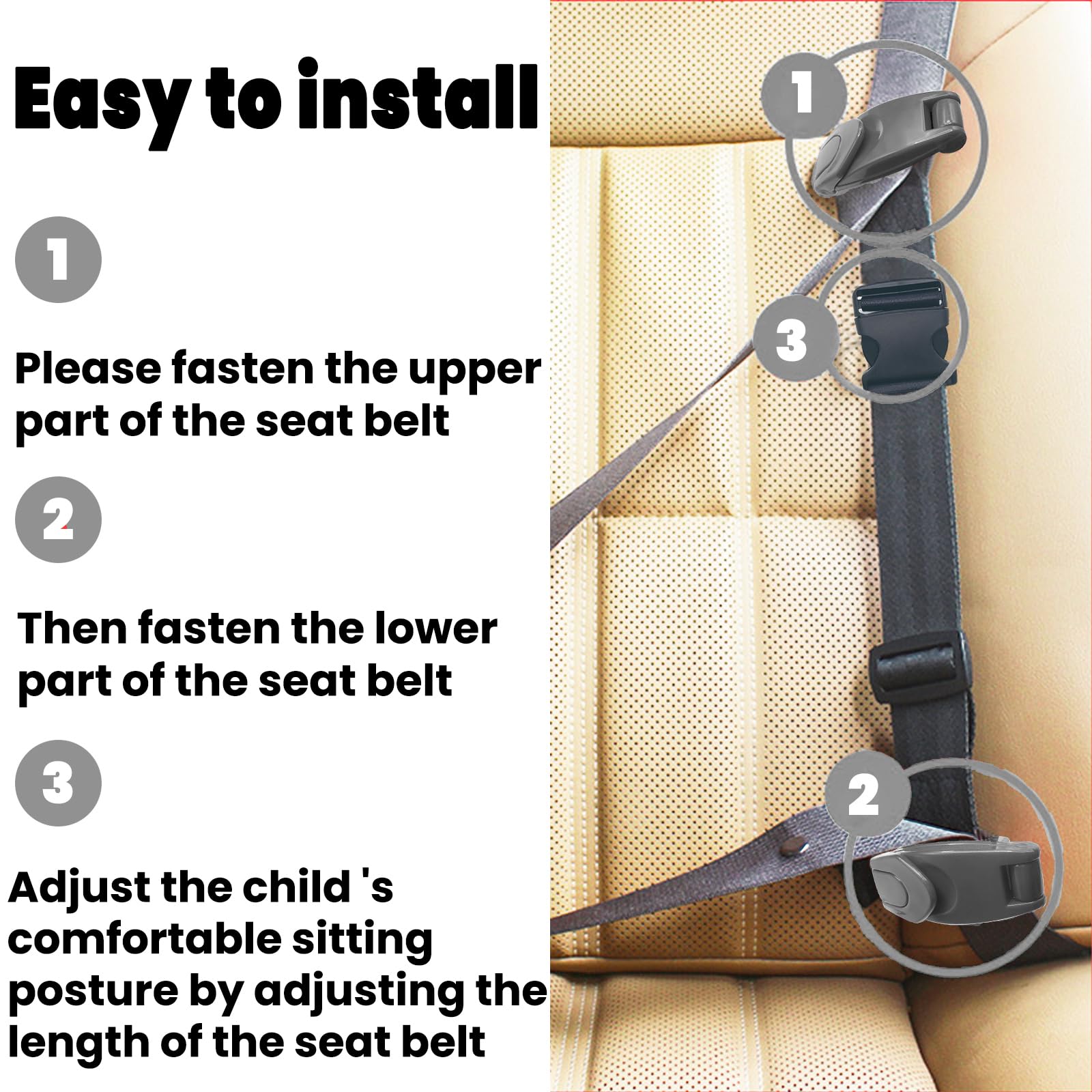 Kids Car Seat Belt Adjuster with Safety Clips - Adjustable Shoulder Strap for Child & Adult Comfort - Neck Support for Safe Travel & Long Drives - Perfect for Road Trips, School Commutes & Family Vacations (Grey)