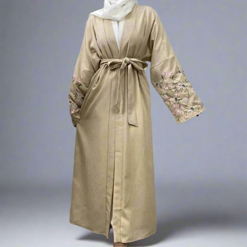 Floral Embroidery Sleeve Open Abaya Dress - Elegant Muslim Women's Kaftan for Prayer, Wedding & Special Occasions