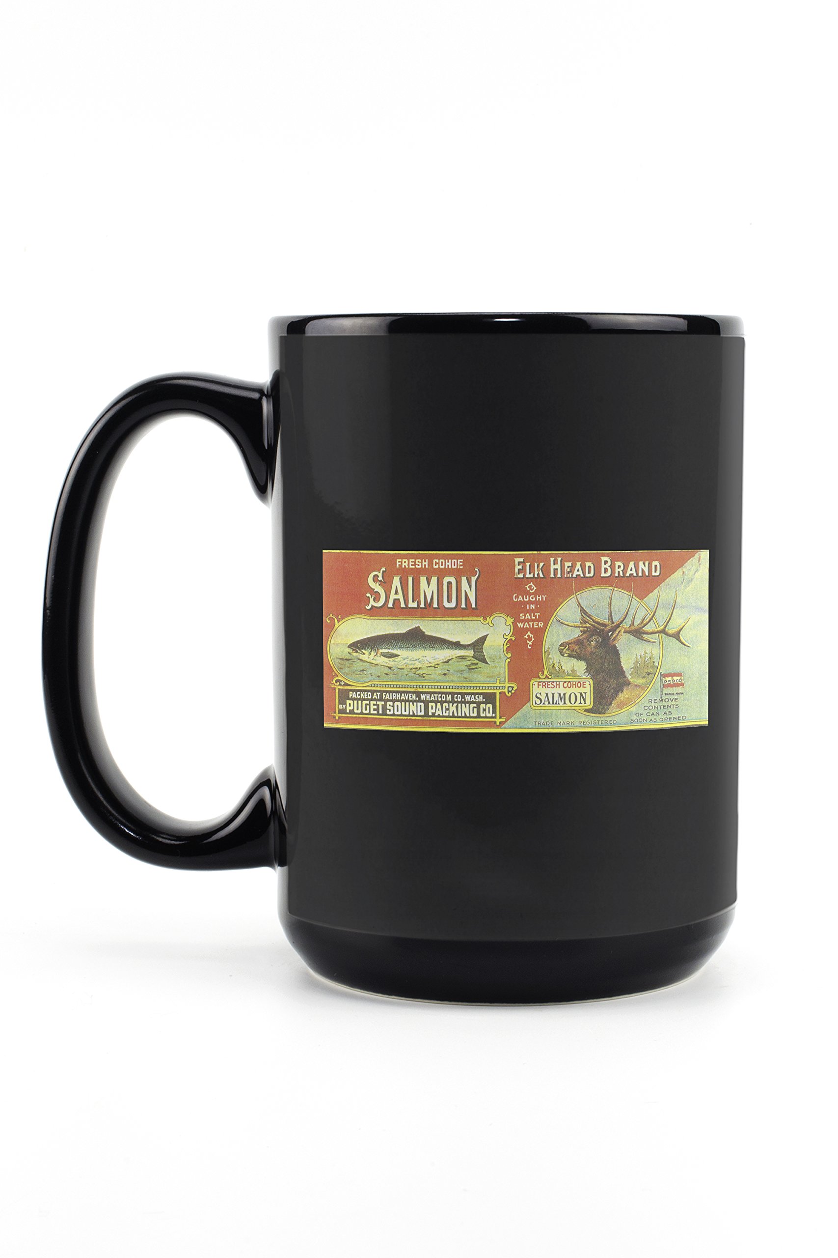Lantern Press Elk Head Salmon Can Label Design 15oz Black Ceramic Coffee Mug - Microwave & Dishwasher Safe - Perfect for Camping, Office Use & Gift Giving