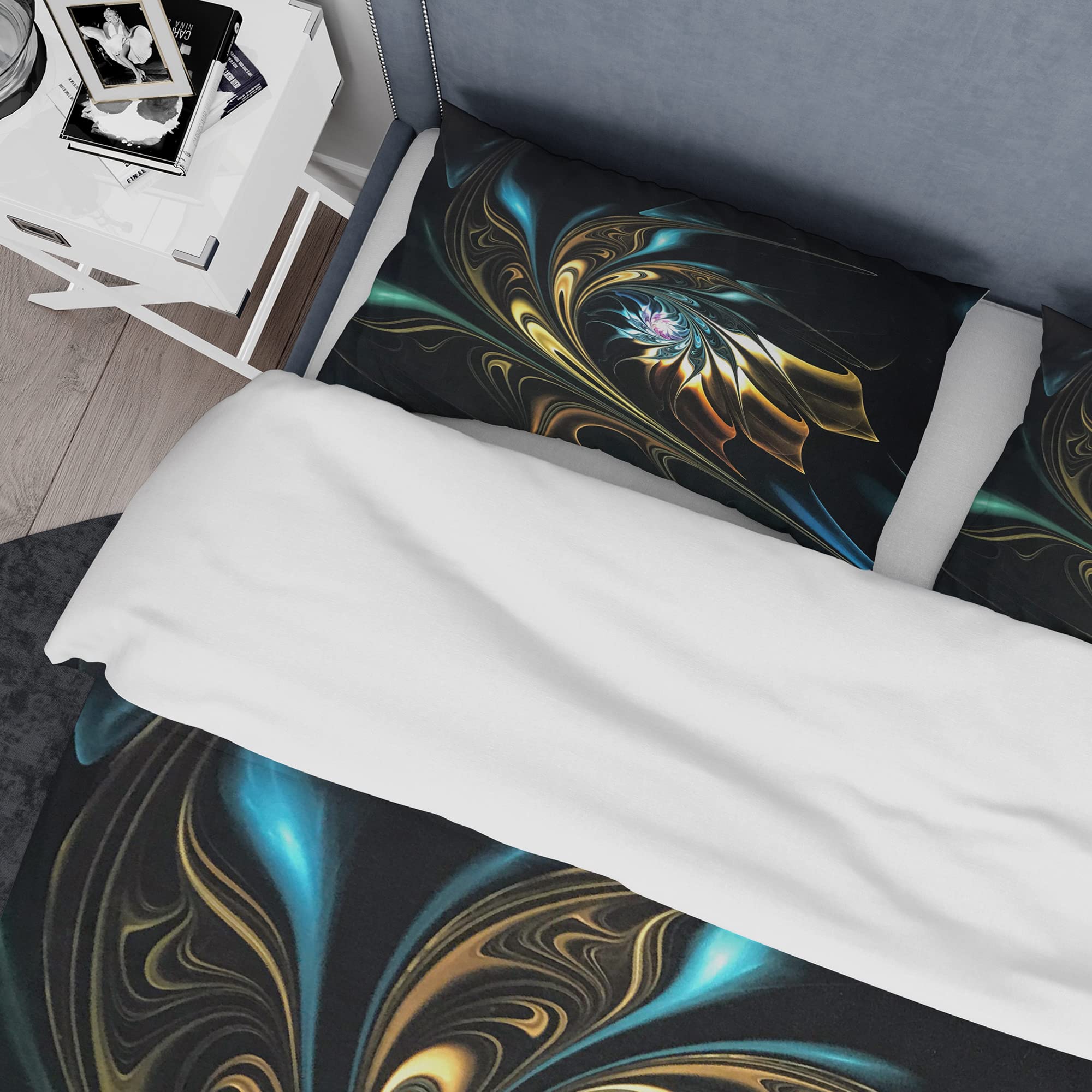 Modern Abstract Fractal Flower Duvet Cover Set King - Blue & Brown Contemporary Bedding Set of 3 Pieces for All Seasons | Perfect for Master Bedroom, Guest Room & Dorm Decor