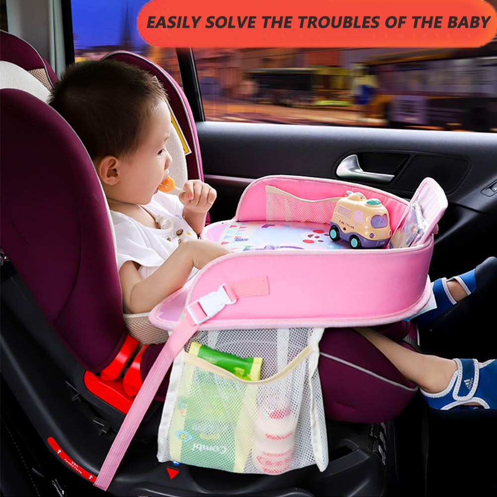 Hovome Waterproof Travel Tray for Car Seat - Play Snack Tray with Storage, Portable Meal Tray for Kids (Pink) - Perfect for Road Trips, Airplane Travel & Snack Time