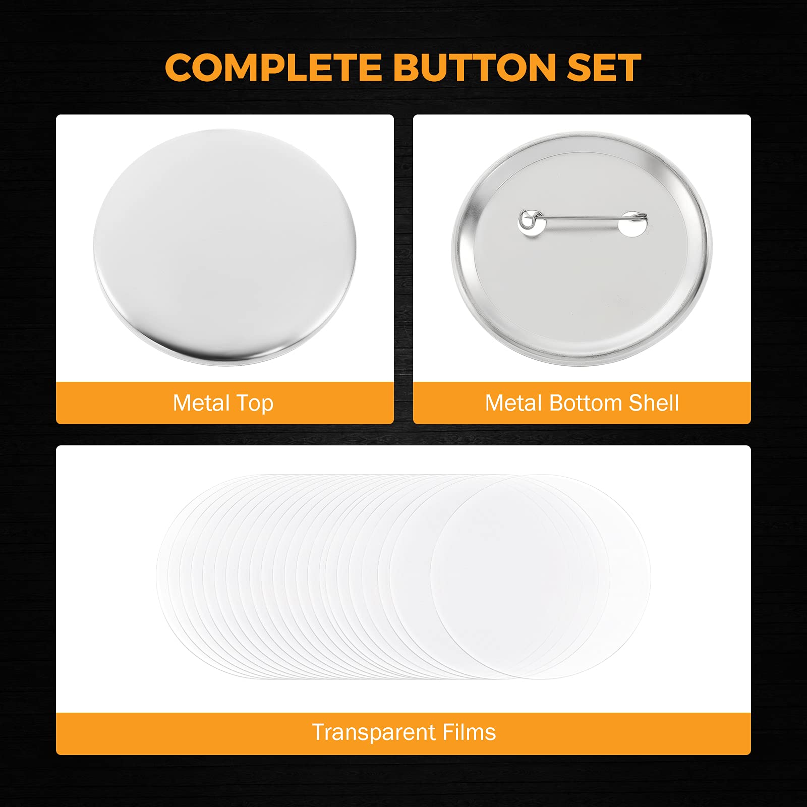 BEAMNOVA 200 Sets 25mm (1 Inch) Metal Button Parts Kit for Button Maker Machine - Includes Metal Top, Clip Bottom & Plastic Film - DIY Craft Supplies for Badges, Pins & Accessories - Perfect for School Projects, Events & Gifts