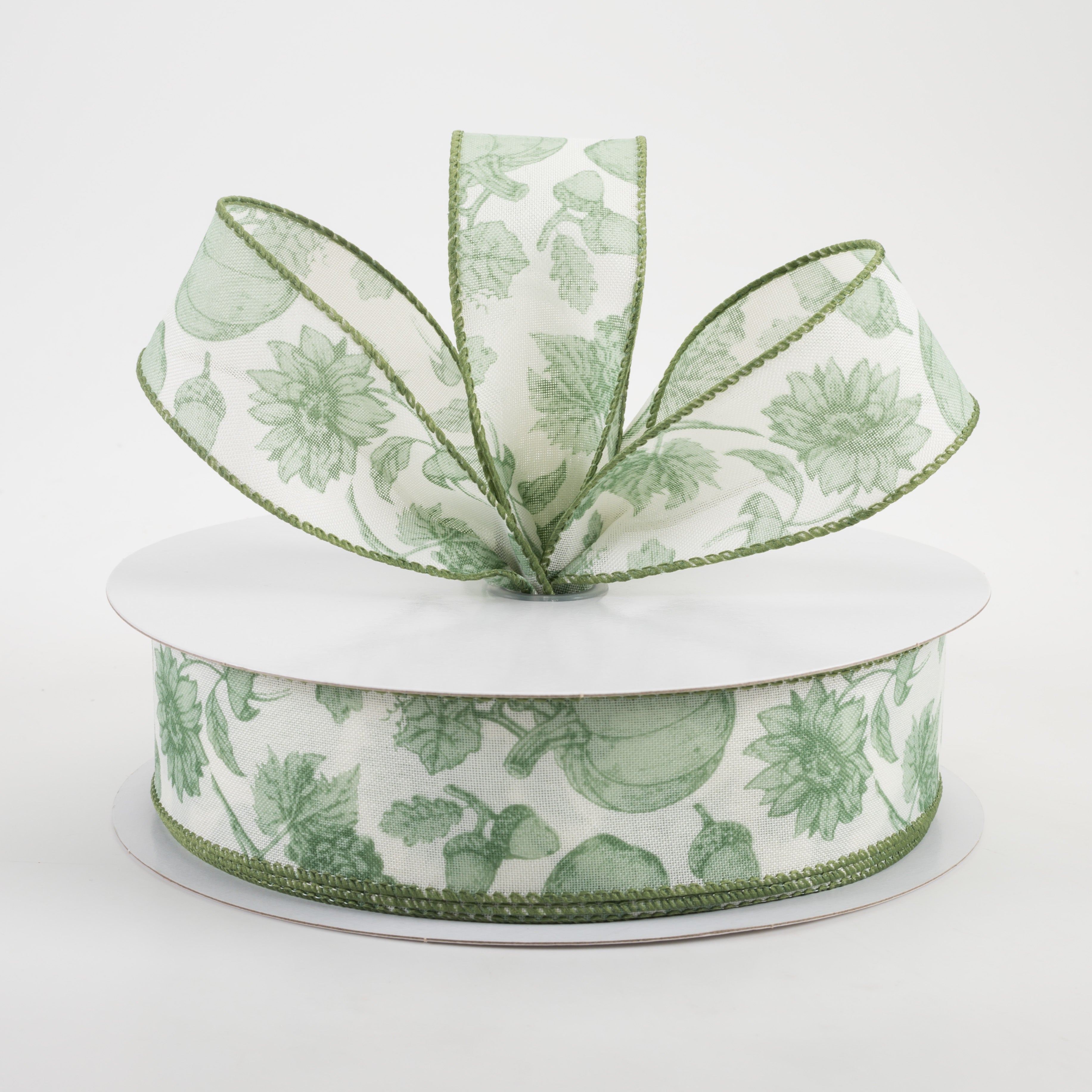 1.5 Inch Linen Fall Toile Ribbon - Green on Cream Floral Pattern (50 Yards) for DIY Crafts, Gift Wrapping, Home Decor & Seasonal Projects