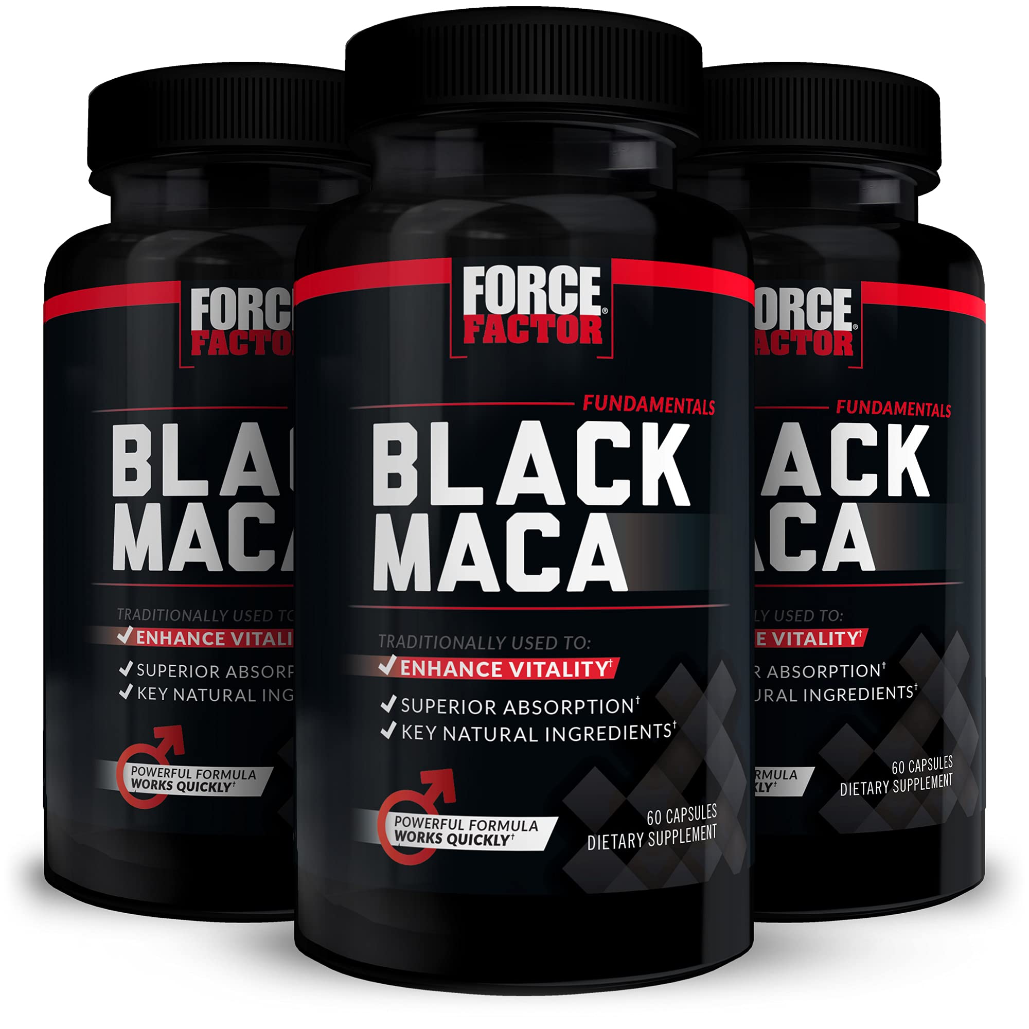 Force Factor Black Maca Root Supplement for Men - 1000mg Peruvian Maca Negra Extract, 3-Pack (180 Capsules) - Natural Energy, Stamina & Vitality Booster - Superior Absorption Formula for Workout, Fitness & Daily Performance