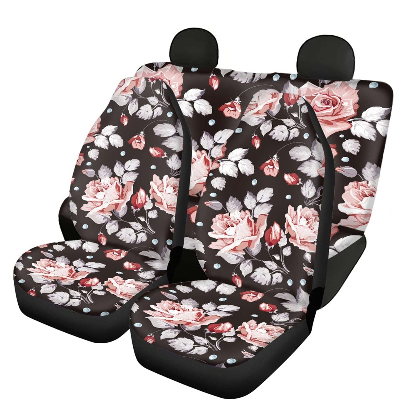 CLOHOMIN Pink Floral Car Seat Covers - Universal Fit for SUV, Truck, Van & Sedan - 4PC Set with Front & Rear Split Bench Design - Rose Peony Pattern Auto Interior Accessories for Men & Women - Perfect for Road Trips, Commuting & Car Protection