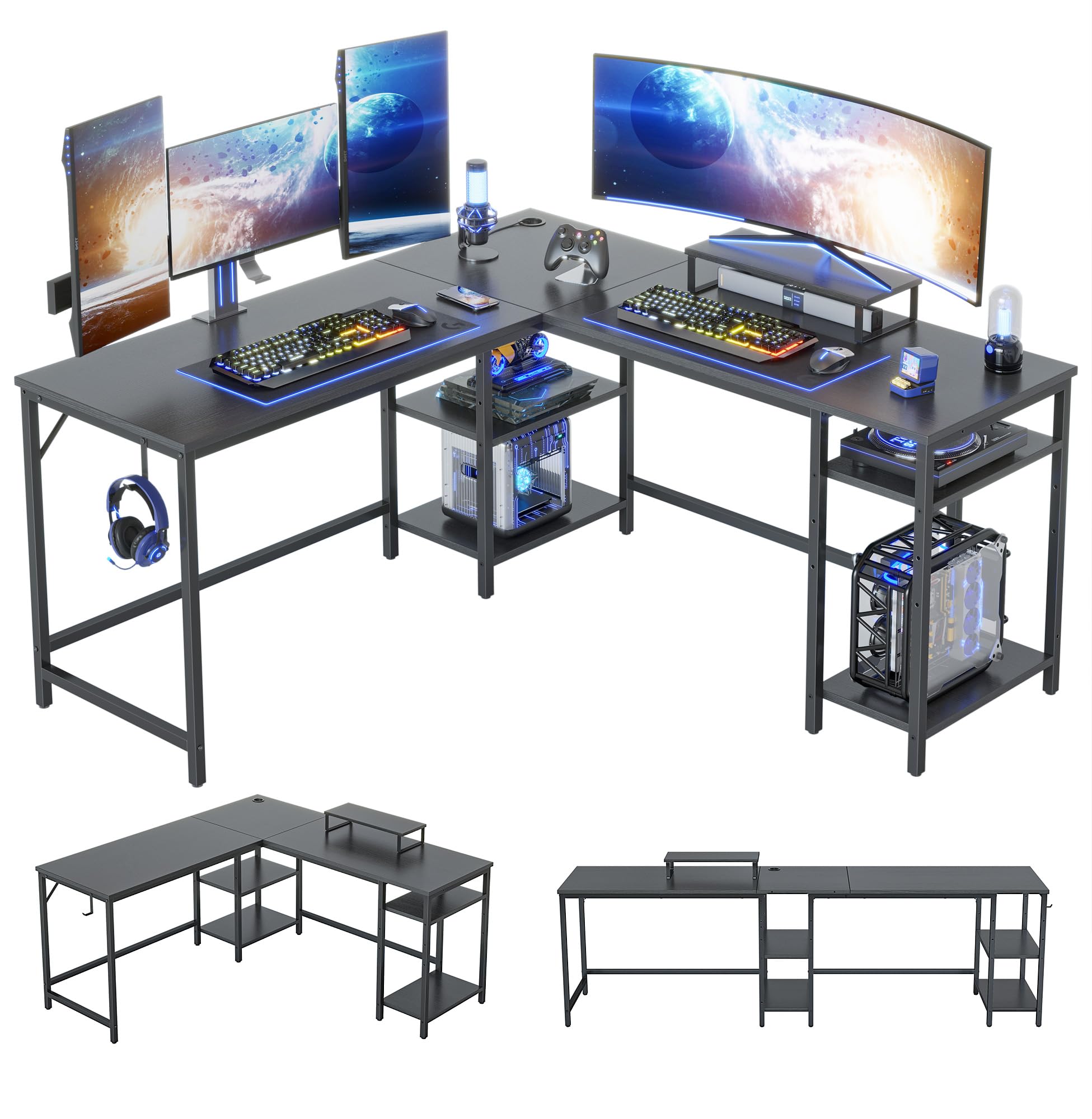 CubiCubi 94.8 Inch L-Shaped Desk with Storage - Reversible Corner Computer Desk for Home Office, Gaming & Study | Large Workstation with Monitor Stand & Shelves | Perfect for 2-Person Workspace & Small Office Setup (Black)