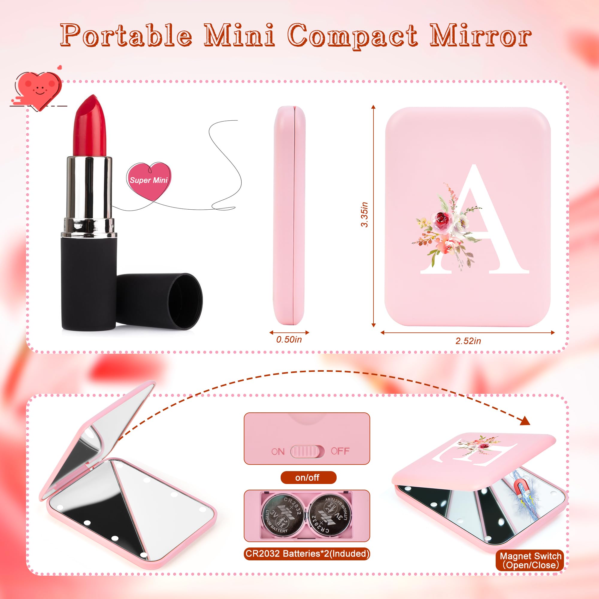 Personalized LED Compact Mirror - 1X/3X Magnifying Travel Makeup Mirror for Purse, Gifts for Women & Teens
