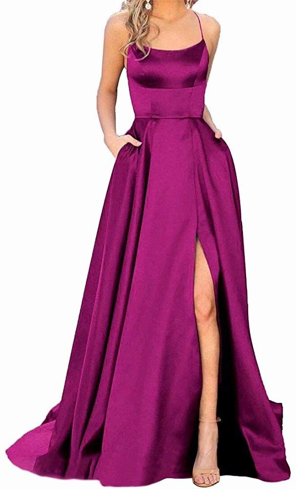 Elegant Fuchsia Halter Neck Prom Dress with Side Slit & Backless Design - Satin Formal Evening Gown with Pockets - Size 4 for Women | Perfect for Homecoming, Prom Night & Special Occasions