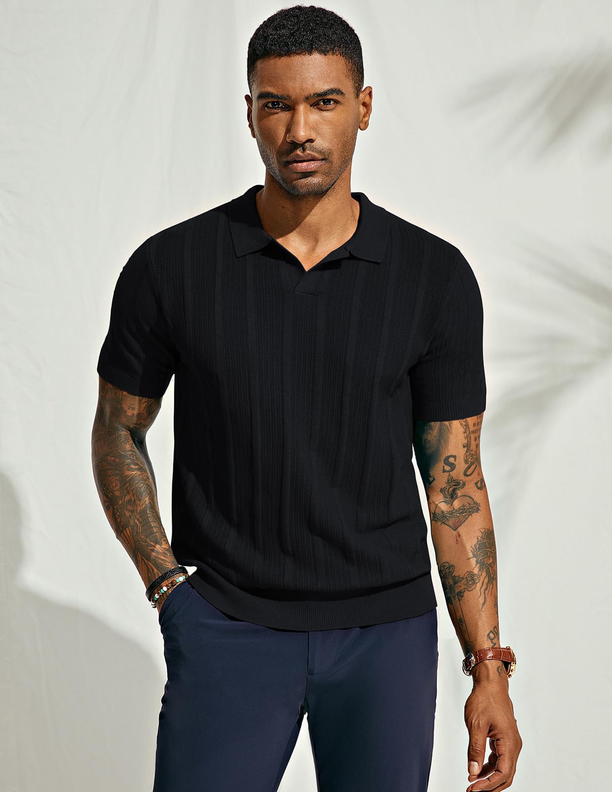 PJ PAUL JONES Men's Textured Knit V-Neck Polo Shirts - Breathable Summer Casual Shirt for Golf, Office & Outdoor Activities