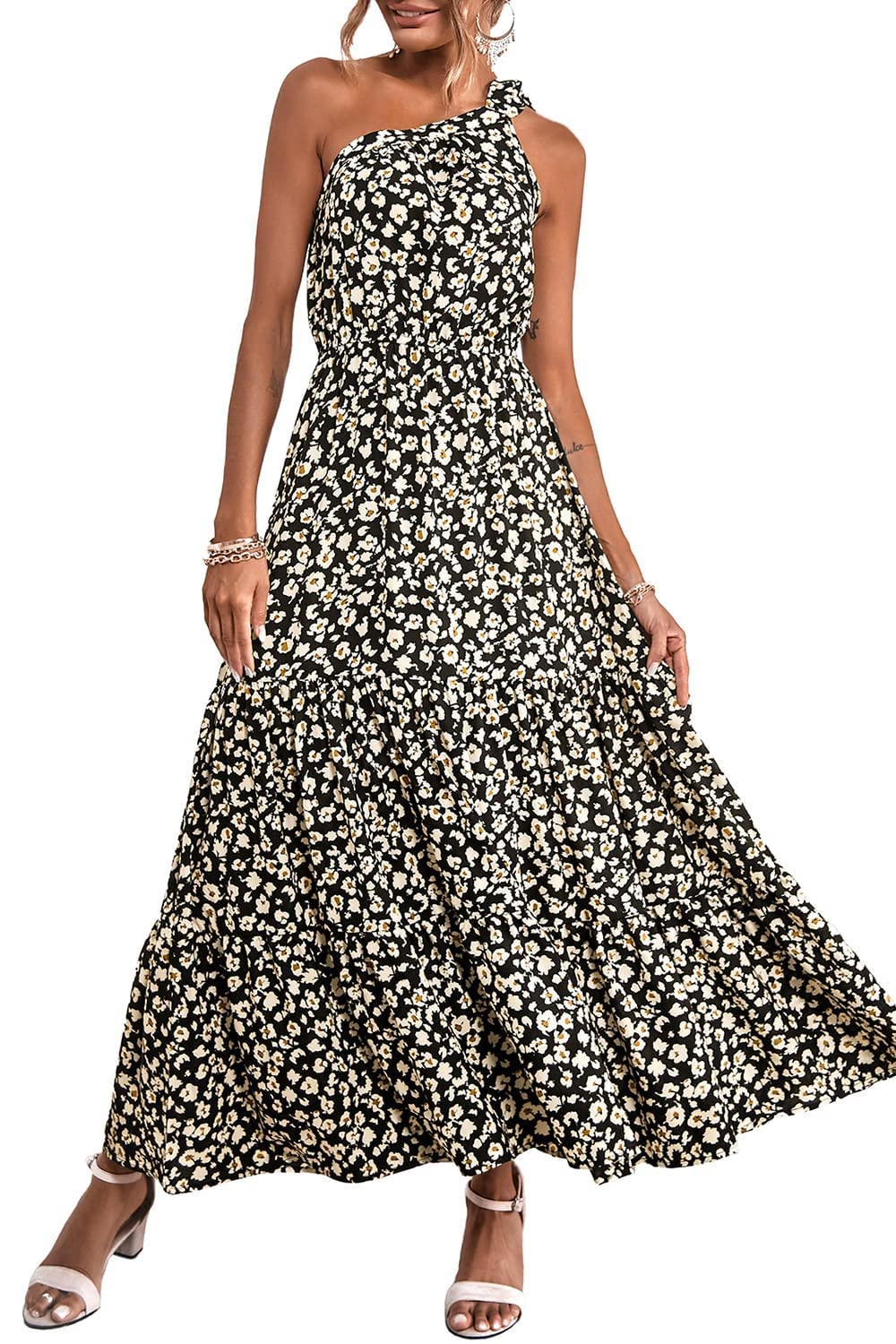 Women's One Shoulder Floral Summer Dress - Sleeveless Bohemian Midi Dress with Knot Detail | Perfect for Beach Vacations, Date Nights & Outdoor Parties