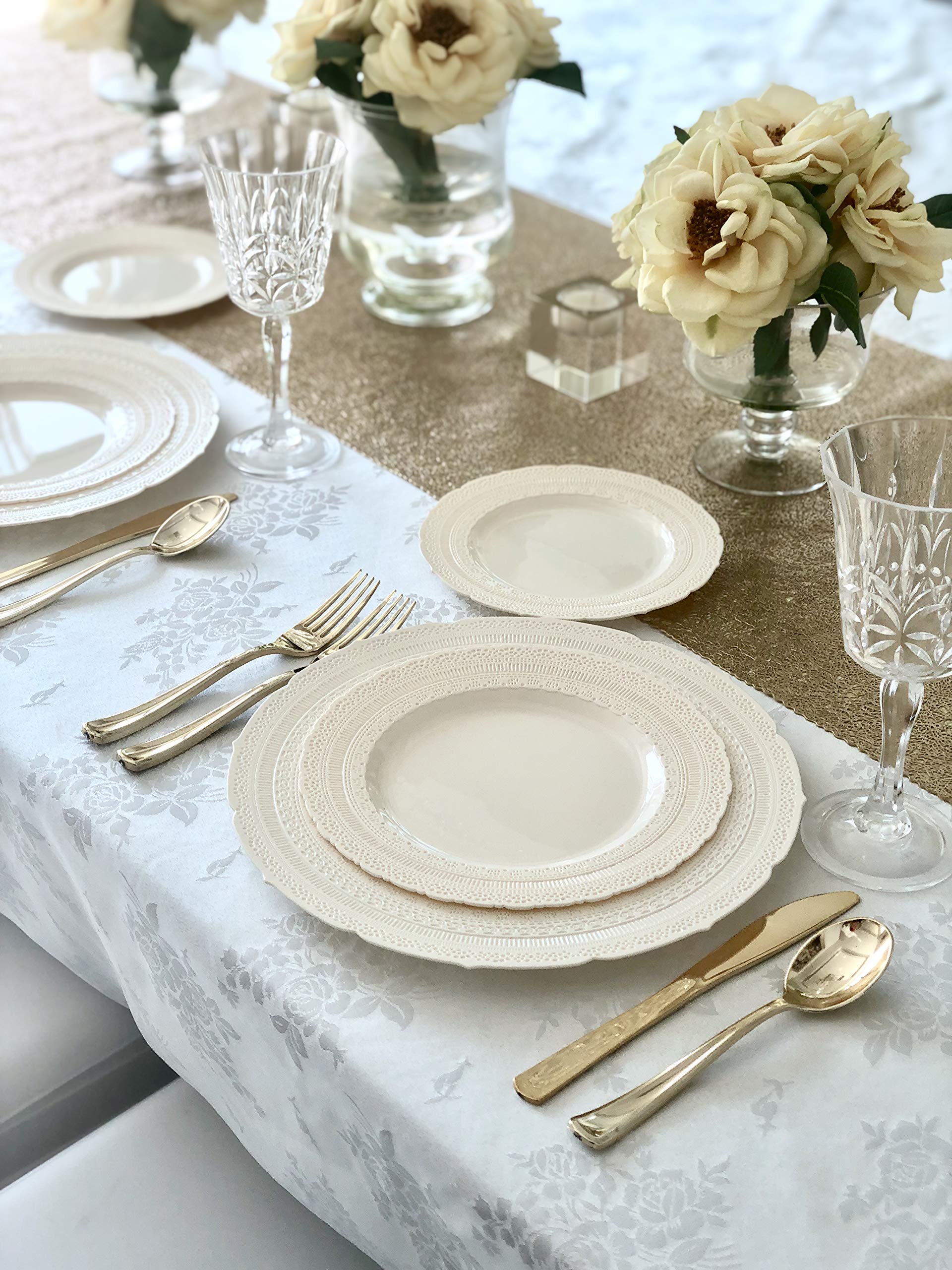 720-Piece Heavyweight Vintage Disposable Plastic Plate Set with Silverware (120 Guest) - Ivory Chateau & Gold Silverware for Weddings, Parties, and Special Events