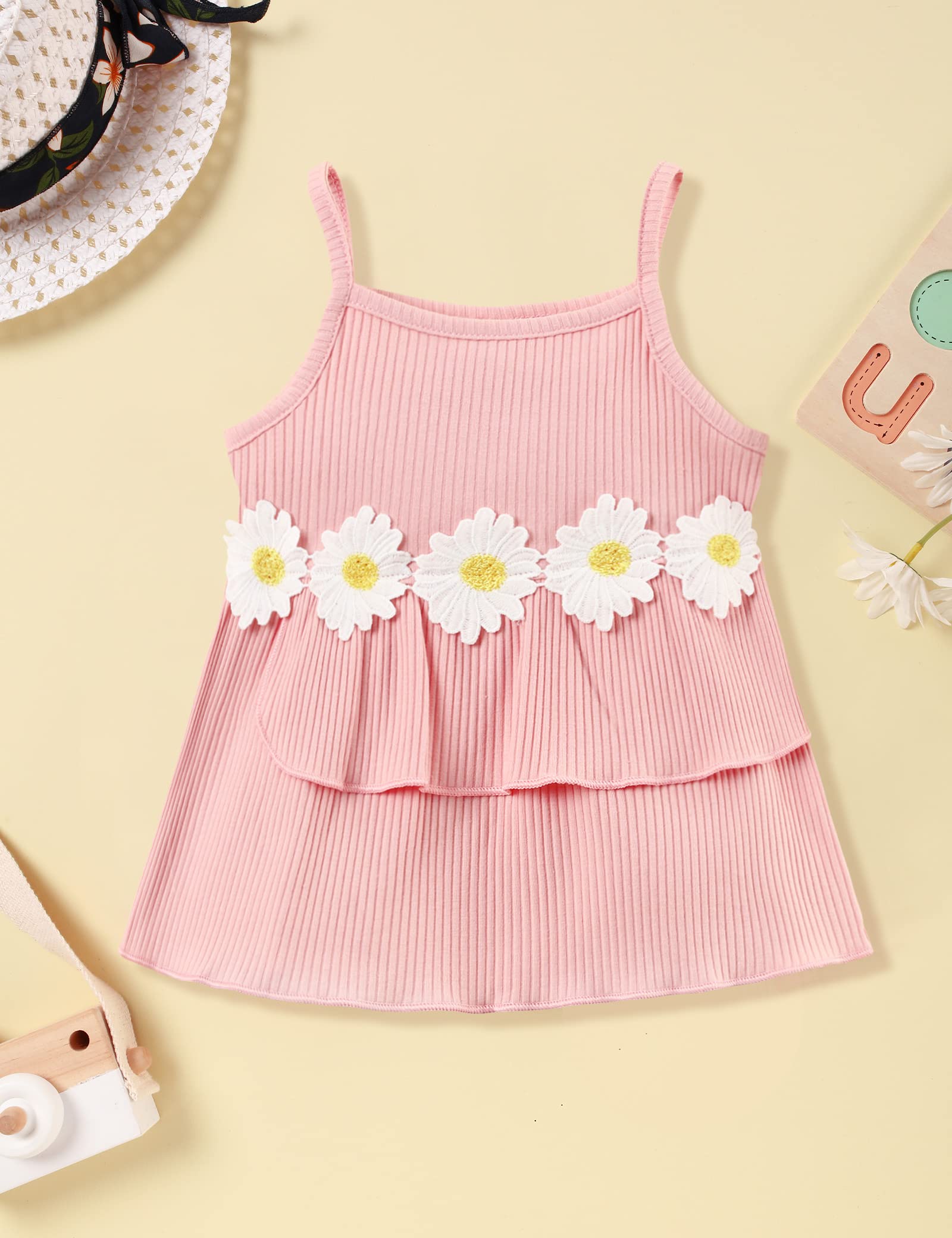 Toddler Girl Summer Outfits - Ruffle Daisy Camisole Tank Top & Denim Shorts Set (2-6T) | Cute Casual Playwear for Beach, Park & Summer Activities