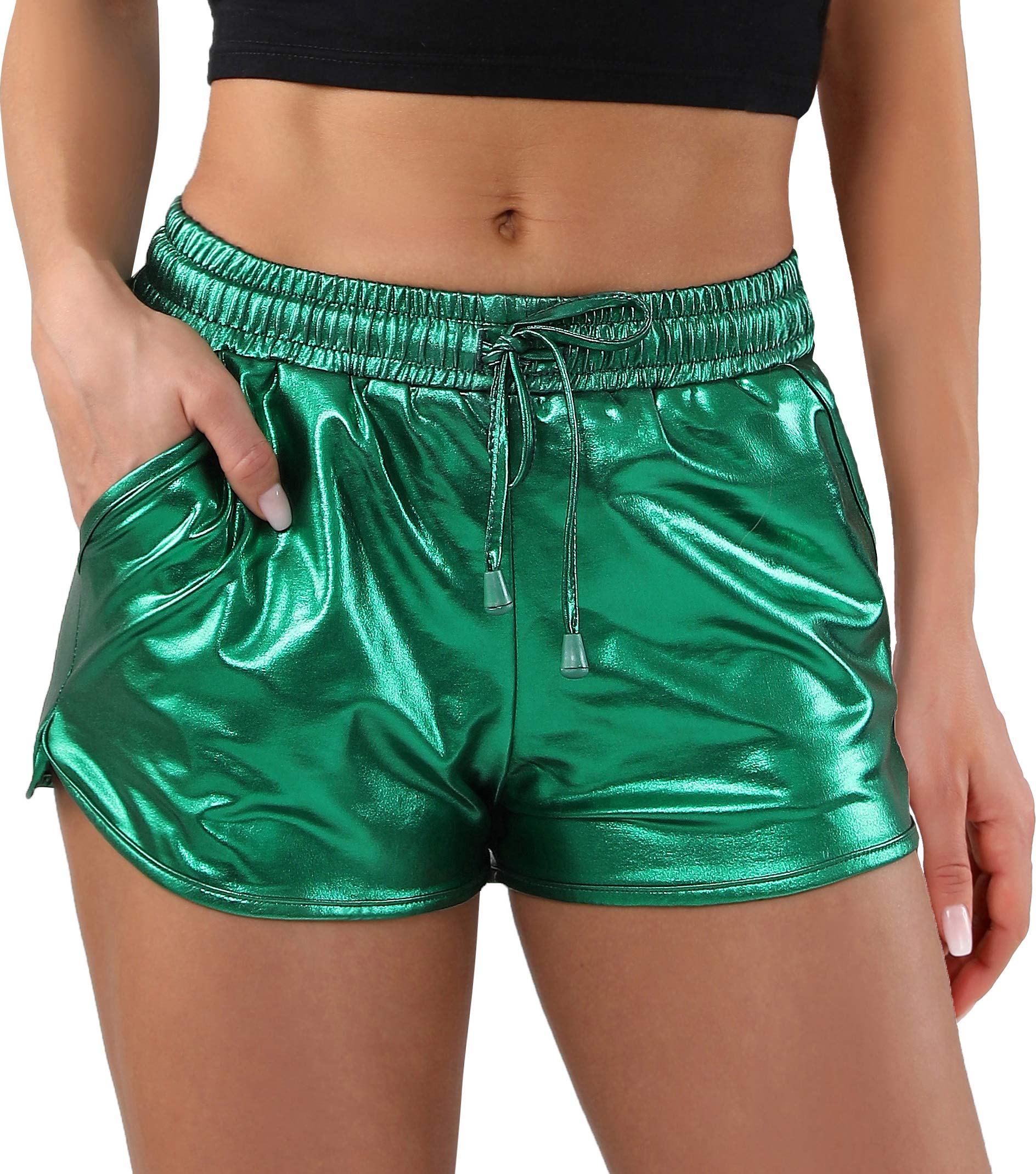 POSHDIVAH Women's Metallic Sparkly Shorts - High Waist Shiny Elastic Drawstring Gym Shorts for Workout, Party & Summer Fashion