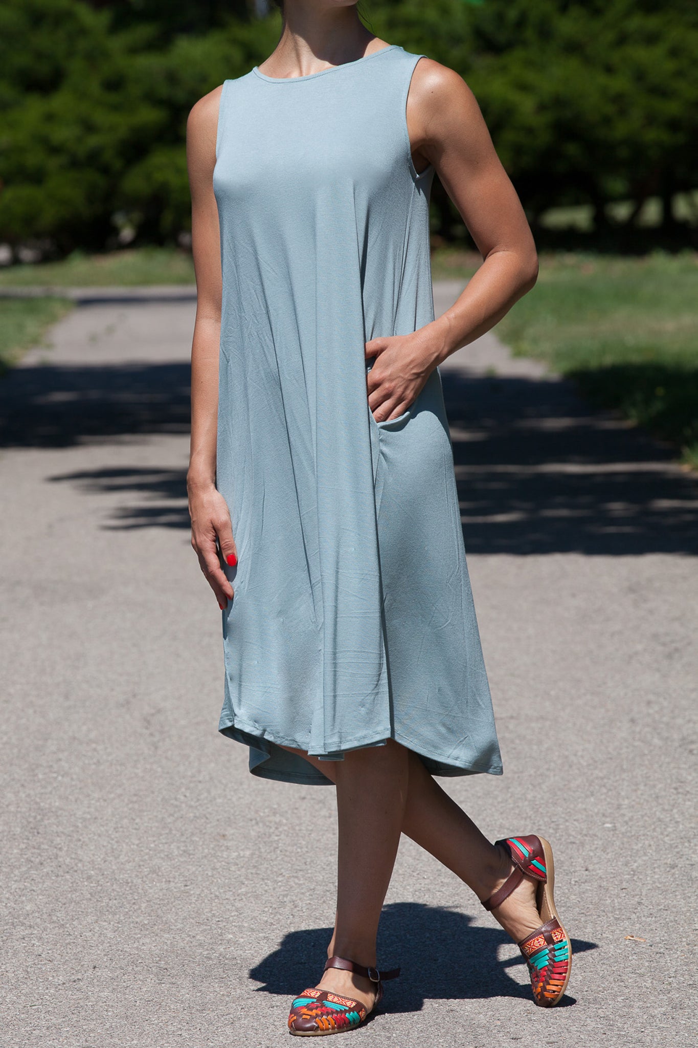 Knee Length Tank Dress with Pockets - Women's Casual Summer Sleeveless Dress for Beach, Vacation, and Everyday Wear