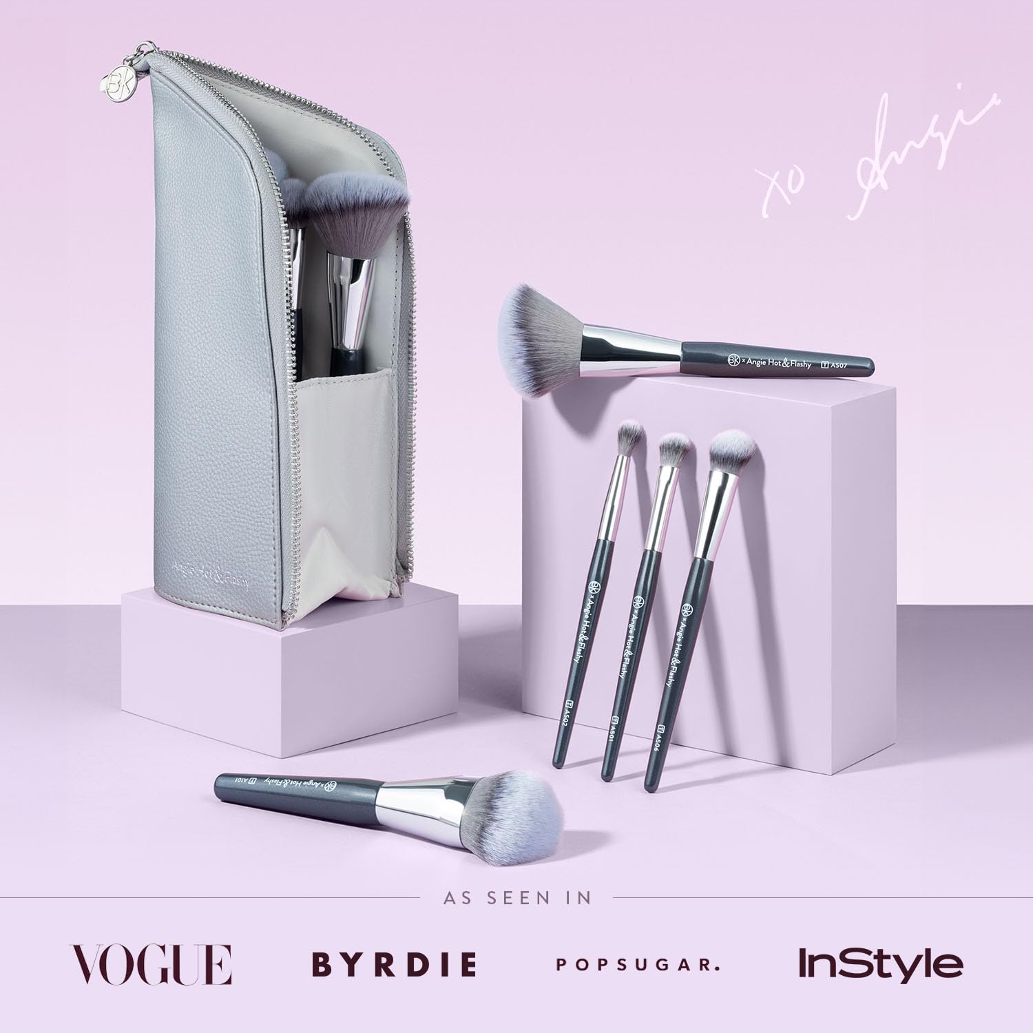 BK BEAUTY BRUSHES - Angie Hot & Flashy Travel Makeup Brush Set with Pouch | Foundation, Concealer, Bronzer, Blush & Highlighter Brushes for Liquid & Cream Makeup | Perfect for Travel, Everyday Makeup & Professional Use