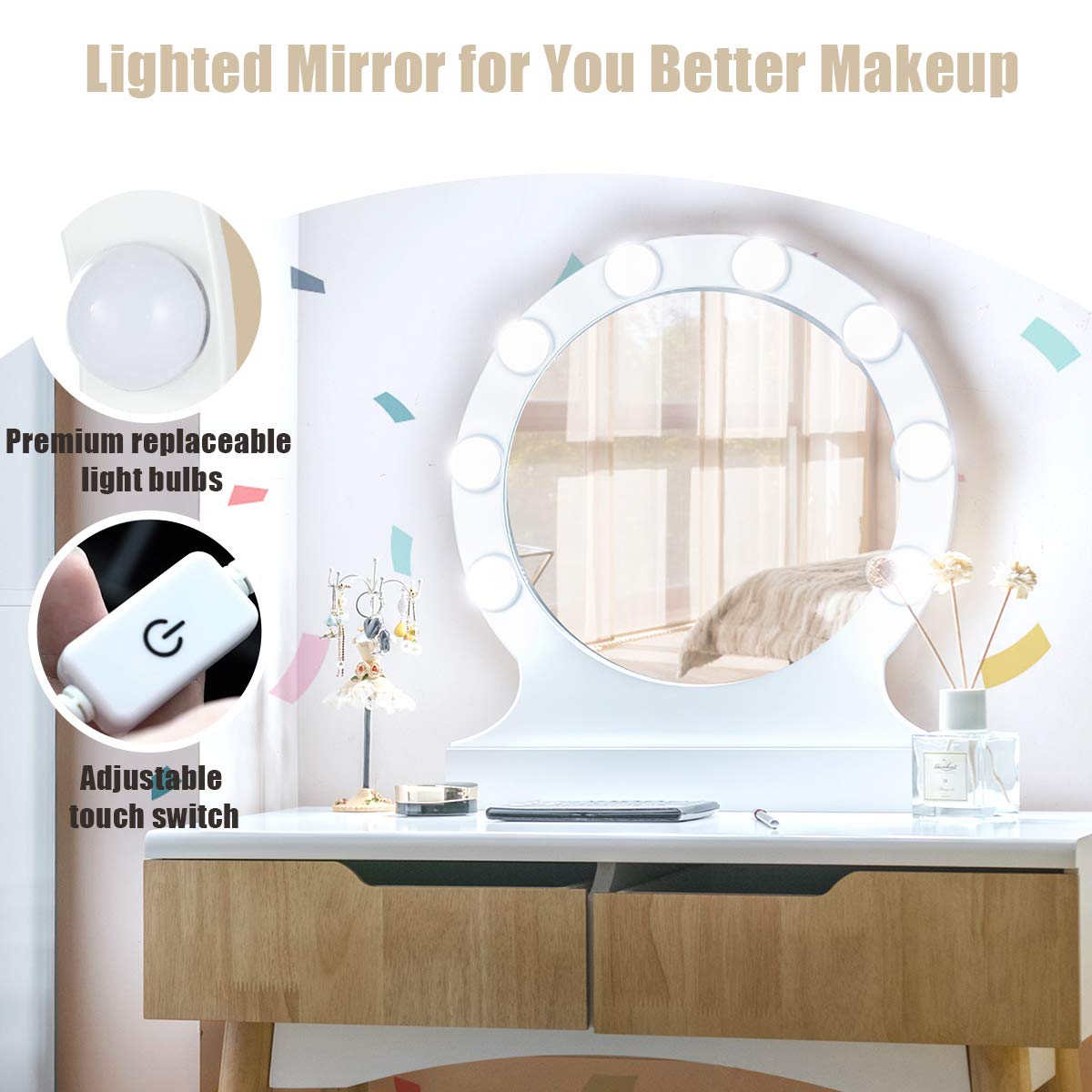 Giantex Natural Wood Vanity Set with Round Lighted Mirror - Adjustable Brightness Makeup Dressing Table with 8 LED Bulbs, Cushioned Stool & 2 Sliding Drawers | Perfect for Bedroom Decor, Bridal Makeup & Beauty Organization
