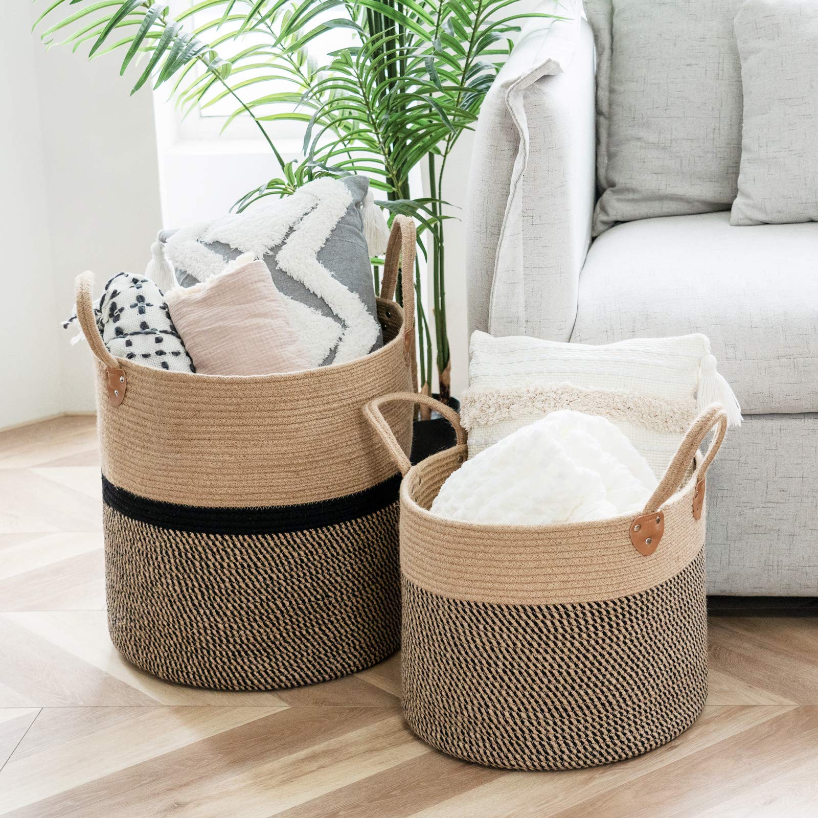 CHICVITA Large Jute Basket with Handles - Natural Woven Storage Baskets Set of 2 for Home Organization, Laundry, Blanket & Toy Storage - Eco-Friendly Decor for Living Room, Bedroom & Nursery