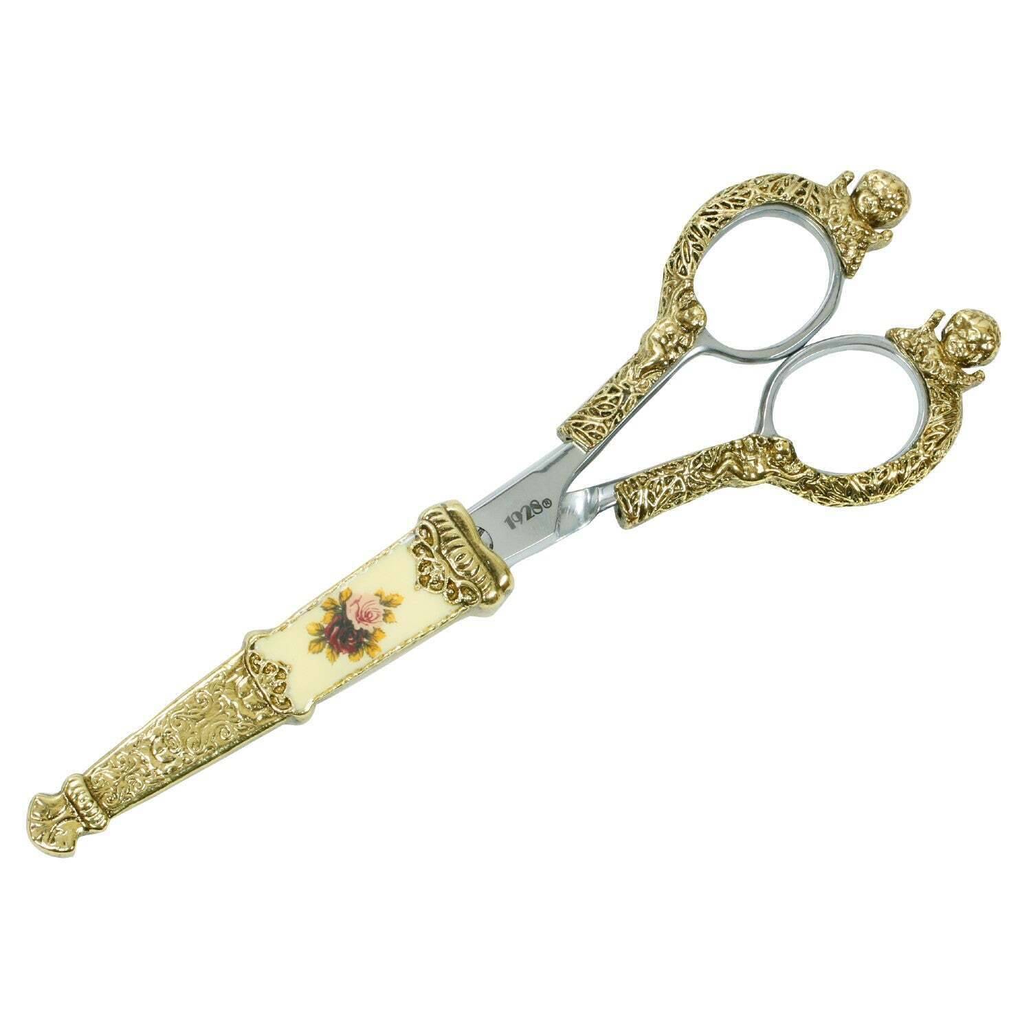 1928 Vintage Jewelry Manor House Pink & Purple Floral Decal Cherub Scissors - Perfect for DIY Crafts, Scrapbooking, and Antique Collectors