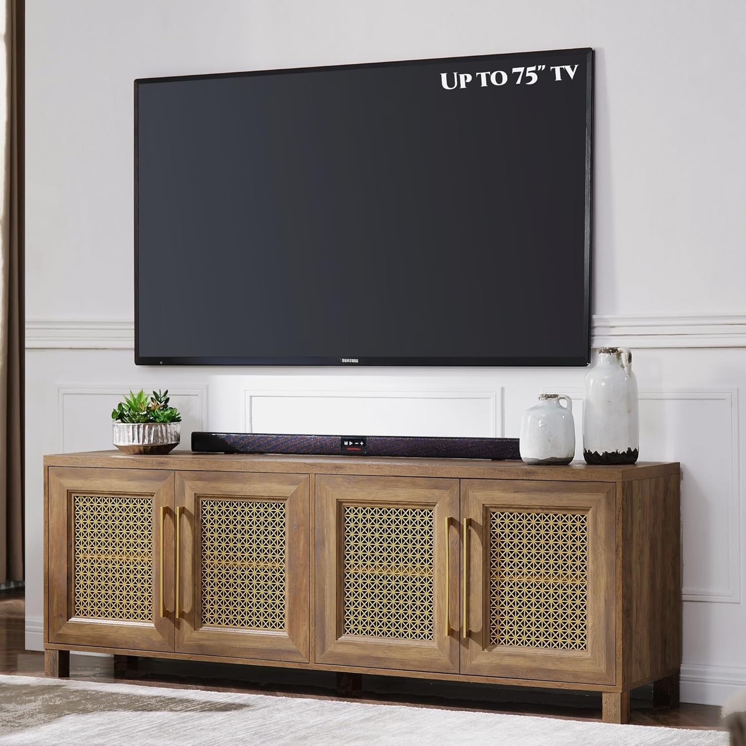Mid Century Modern TV Stand for 75 Inch TVs - Rustic Boho Entertainment Center with Gold Metal Mesh Doors & Storage Cabinets, 69.5