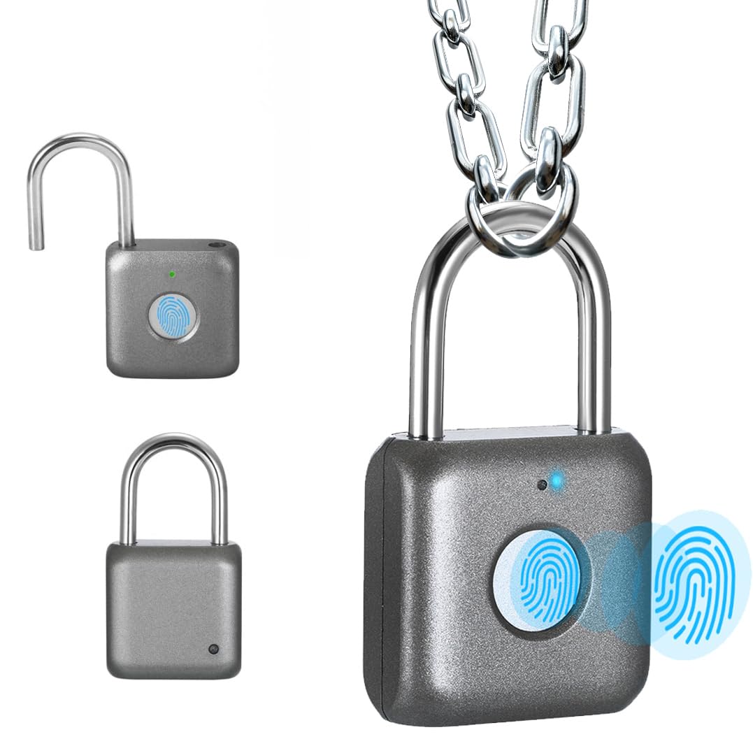 eLinkSmart Fingerprint Padlock & Combination Lock - Keyless Digital Lock for School Lockers, Gym Bags, Backpacks, Suitcases & Travel Luggage - Secure Gray Metal Padlock for Home, Office & Outdoor Use
