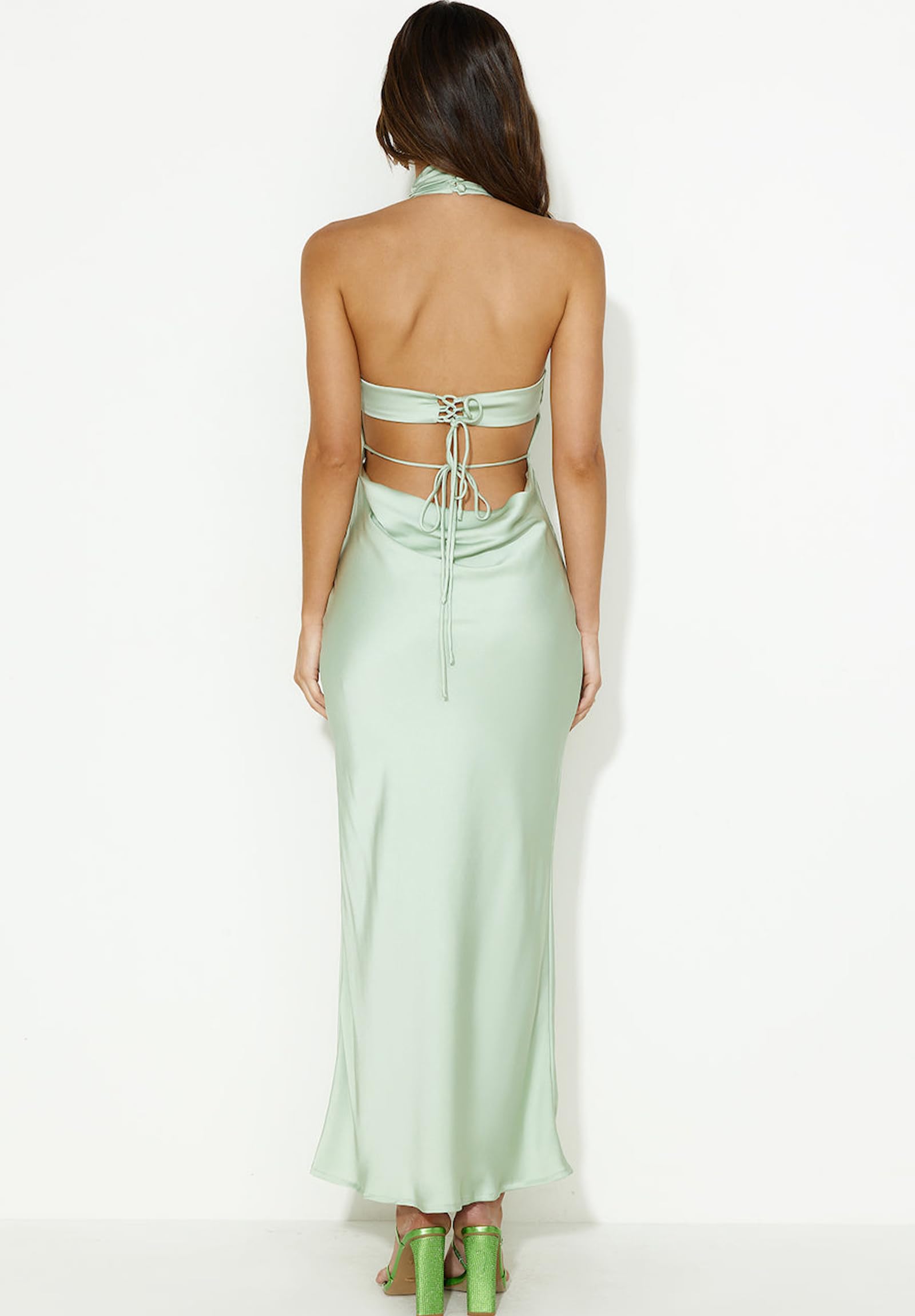 Phicia Women's Sexy Satin Halter Neck Backless Maxi Dress - Elegant Tie Cowl Back Formal Gown for Wedding Guest, Party & Summer Occasions