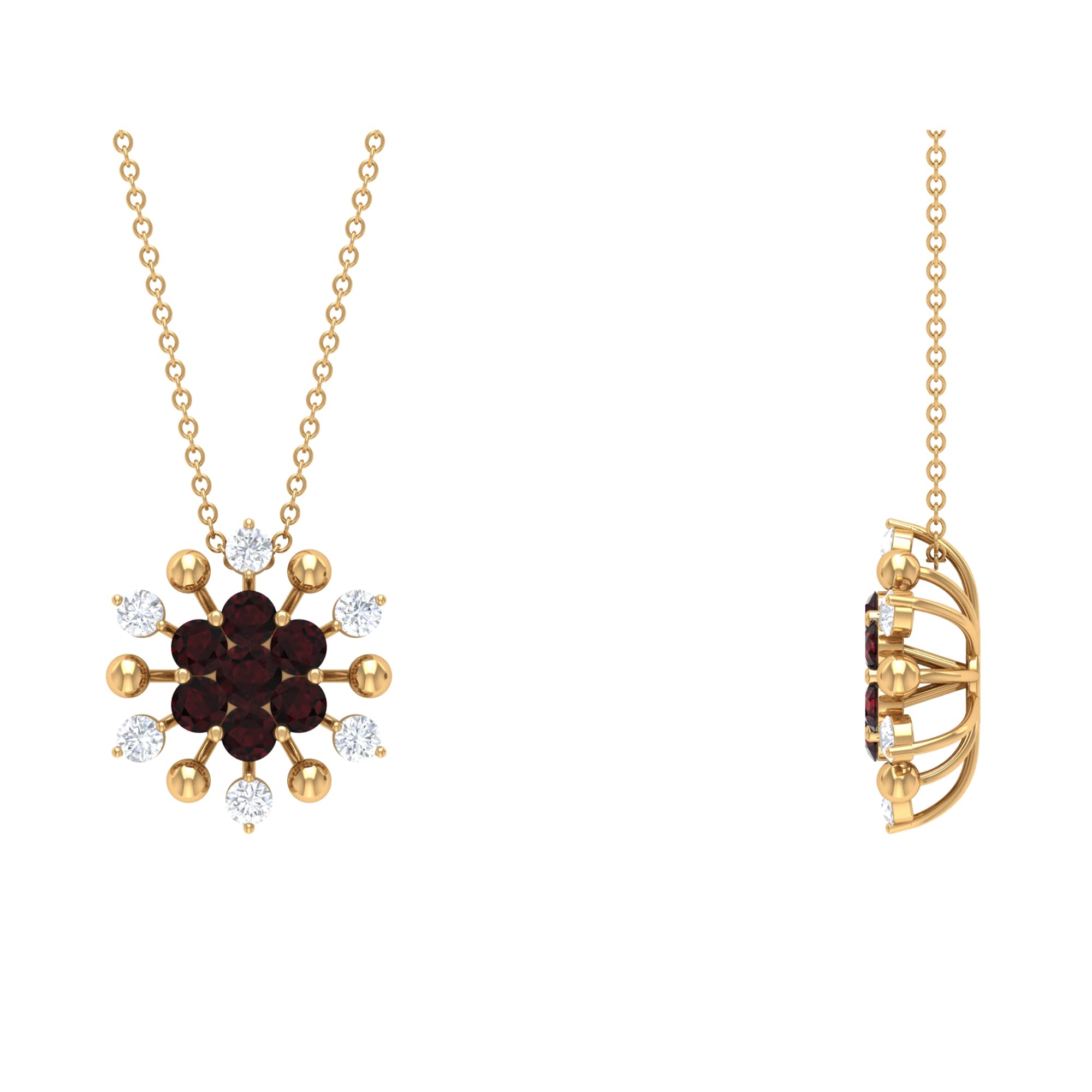 1.75 CT Garnet and Moissanite Floral Pendant Necklace for Women - 14K Solid Gold January Birthstone Jewelry - Elegant Cluster Statement Pendant for Birthday, Anniversary & Special Occasion Gifts