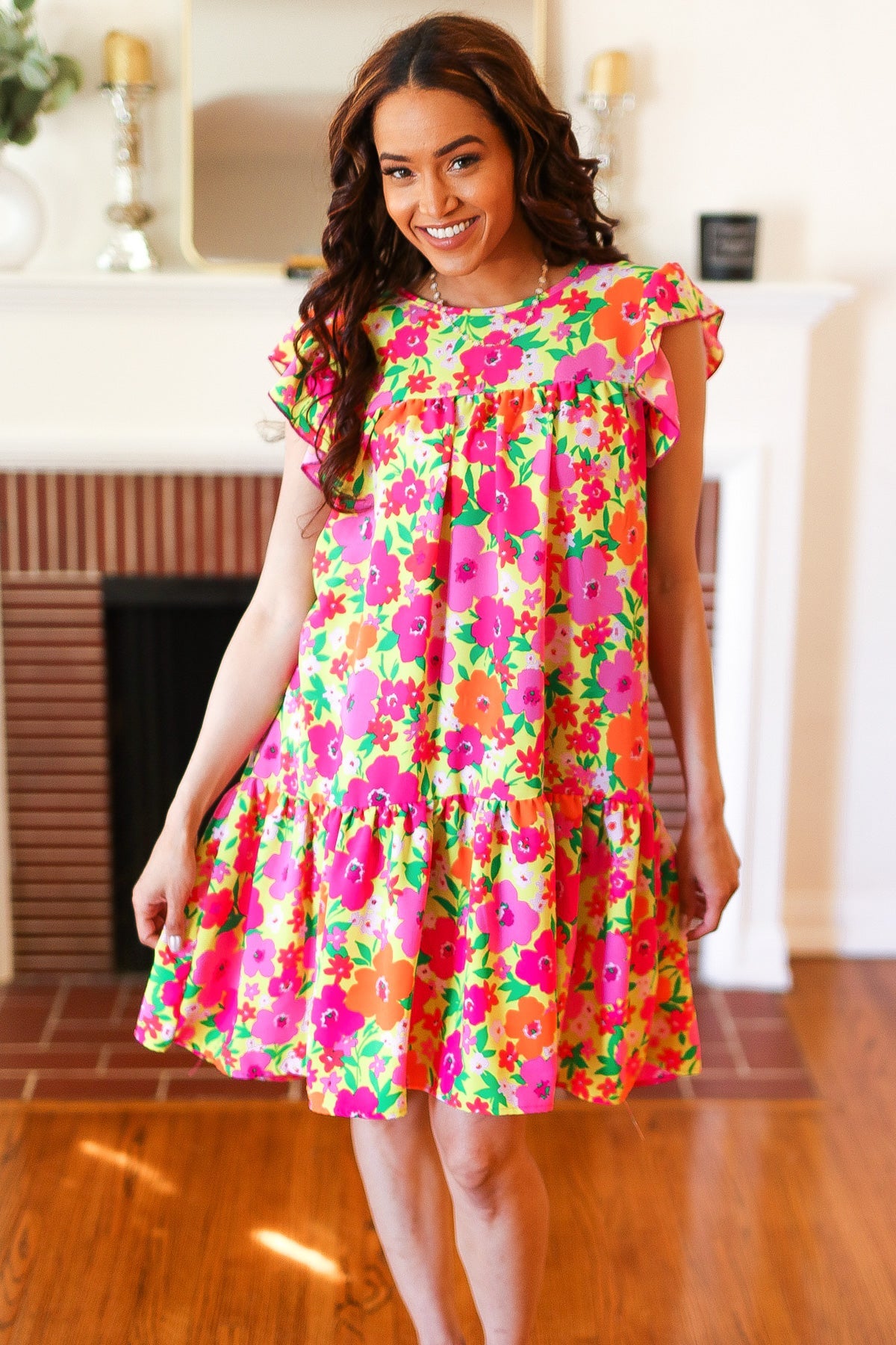Be Charming Lime & Pink Floral Print Tiered Ruffle Sleeve Dress - Women's Summer Party Dress for Weddings, Garden Parties & Date Nights