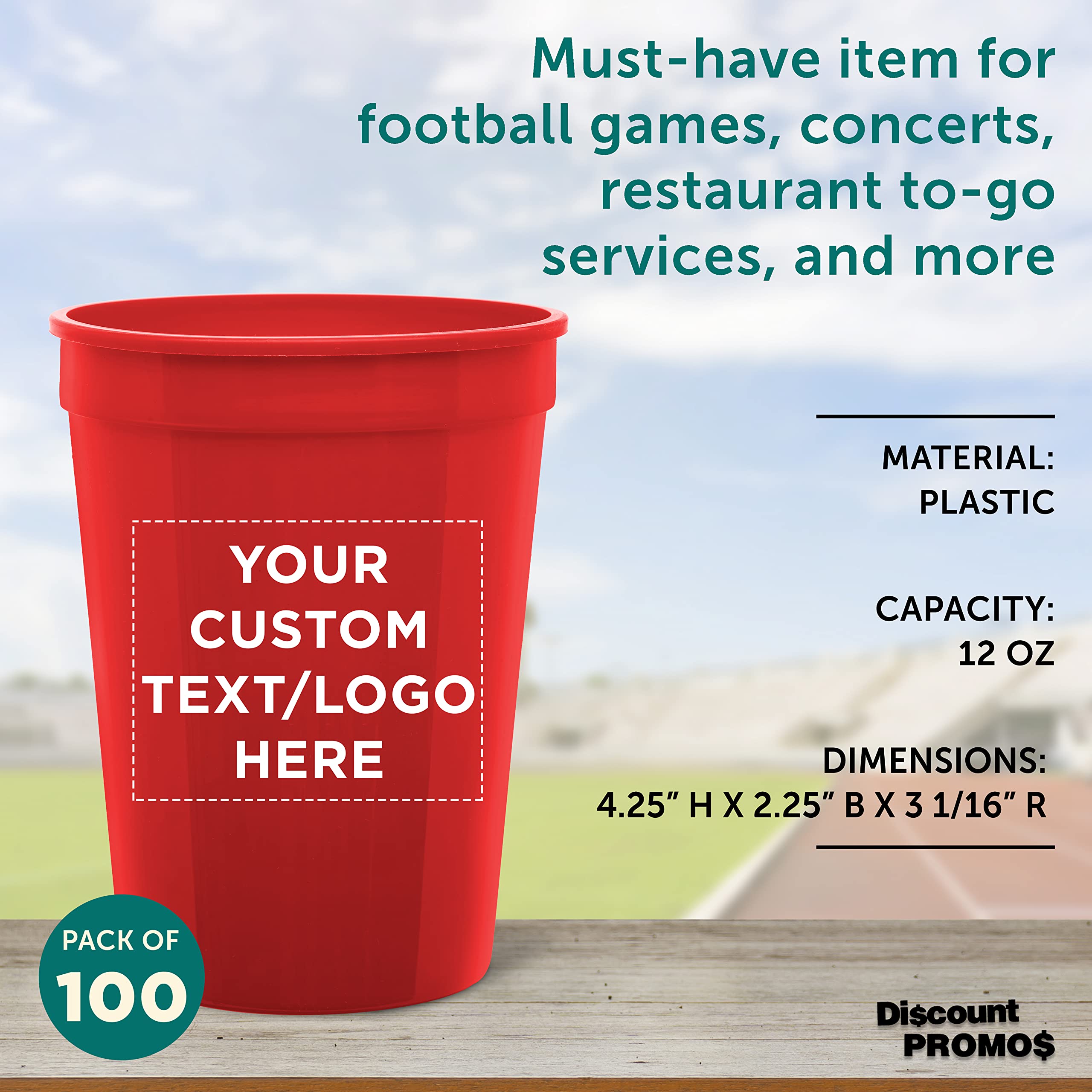 Custom Printed 12 oz Disposable Plastic Cups - Bulk Pack of 100 Personalized Party Cups for Summer, Sports Events, Birthdays, Weddings & Picnics - Durable Red Plastic Drinkware for Beach Parties, BBQs and Outdoor Gatherings
