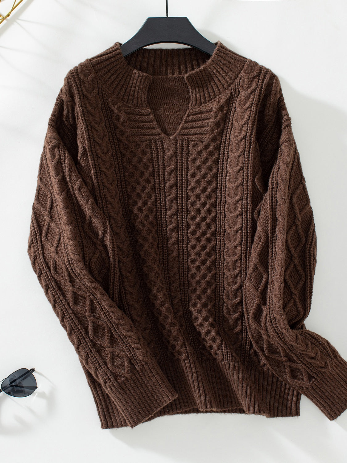 Cozy Cable Knit Notched Long Sleeve Sweater for Women - Winter Pullover with Elegant Neckline | Perfect for Office, Date Night & Holiday Outfits