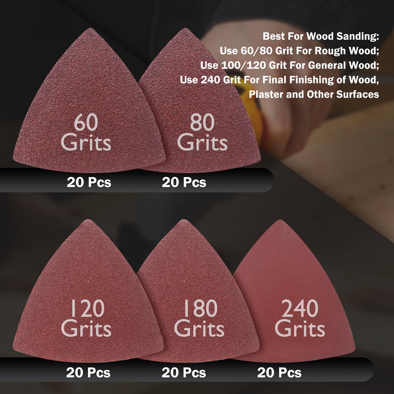 104 Pcs Oscillating Tool Sanding Pads Kit with 4 Triangle Pads & 100 Sandpaper Sheets (60/80/100/120/240 Grits) - 3-1/8