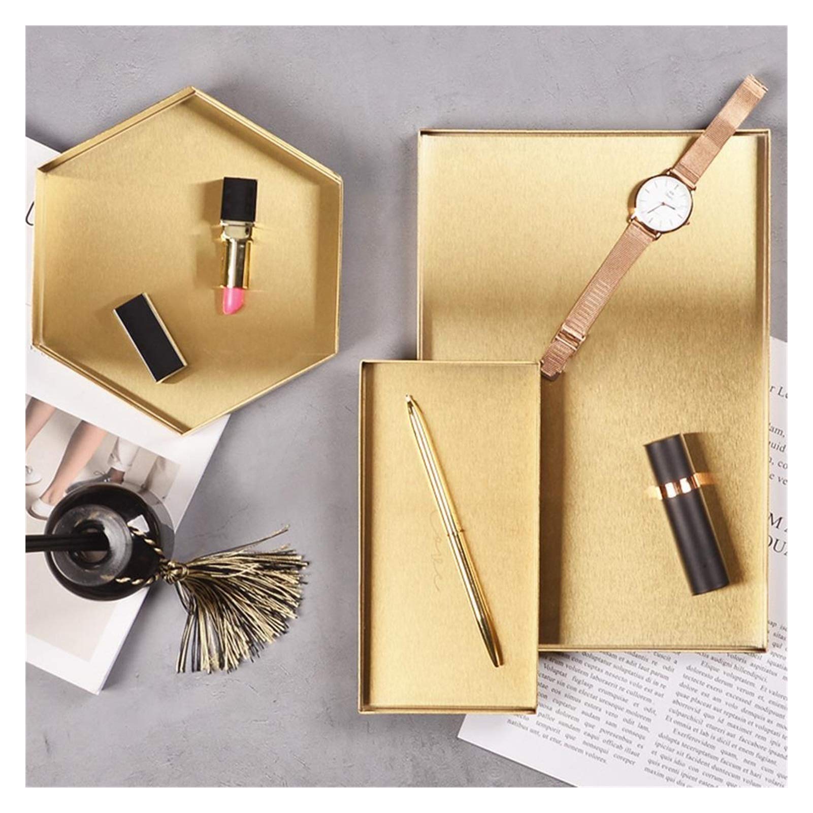 WSNDY Nordic Geometric Gold Metal Tray - Multipurpose Decorative Storage Tray for Makeup Organizer, Home Decor, Party Serving | Stainless Steel Desktop Tray (Color E) - Perfect for Vanity, Coffee Table & Dining Table Decor
