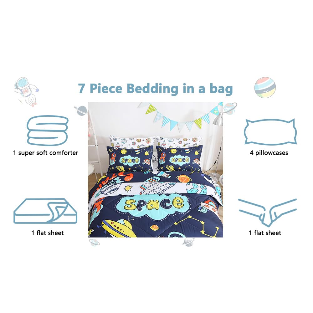 Yasida 7-Piece Twin Space Bedding Set for Kids & Teens - Astronaut Themed Comforter Set with 1 Comforter, 1 Flat Sheet, 1 Fitted Sheet & 4 Pillowcases - Perfect for Boys' Room Decor, Space-Themed Bedrooms & Gift Ideas