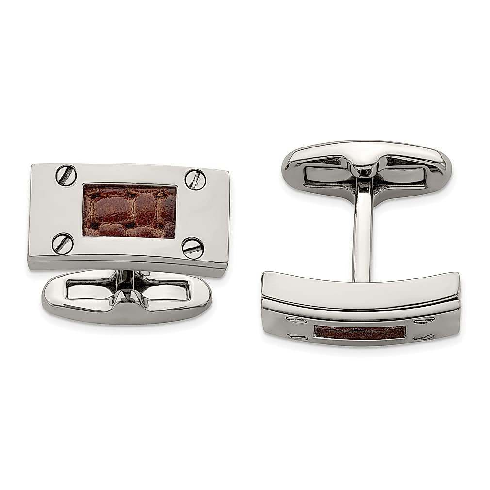 Edward Mirell Titanium & Brown Leather Cufflinks - Luxury Fashion Jewelry for Women - Elegant Cuff Link & Collar Stay Set - Perfect Gift for Her - Ideal for Weddings, Business Meetings & Formal Events